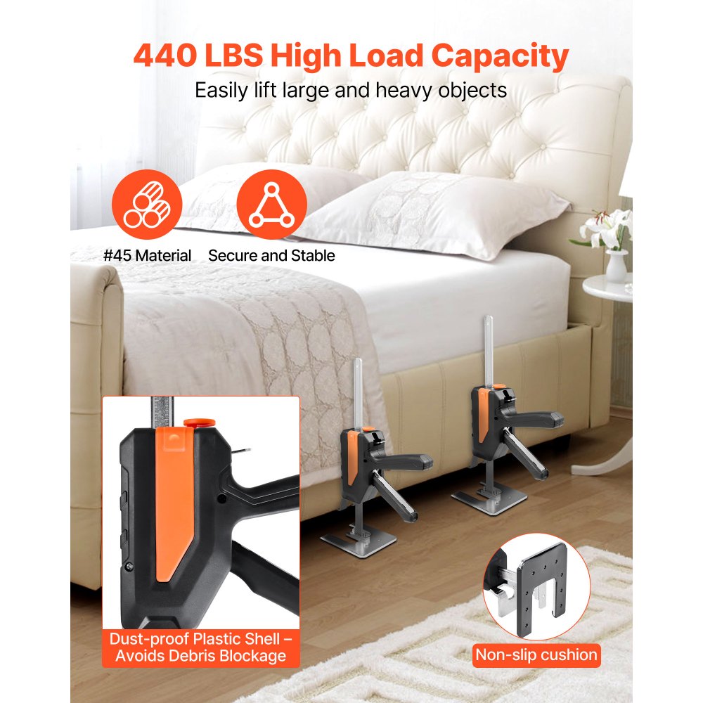 VEVOR Labor Saving Arm Jack, 2 PCS 200 kg Bearing Capacity, Lifting up to 195 mm, Metal Hand Lifting Jack Tool with Magnetic Level, 2 Adjustment Modes, for Door, Window, Furniture, Woodworking, Black