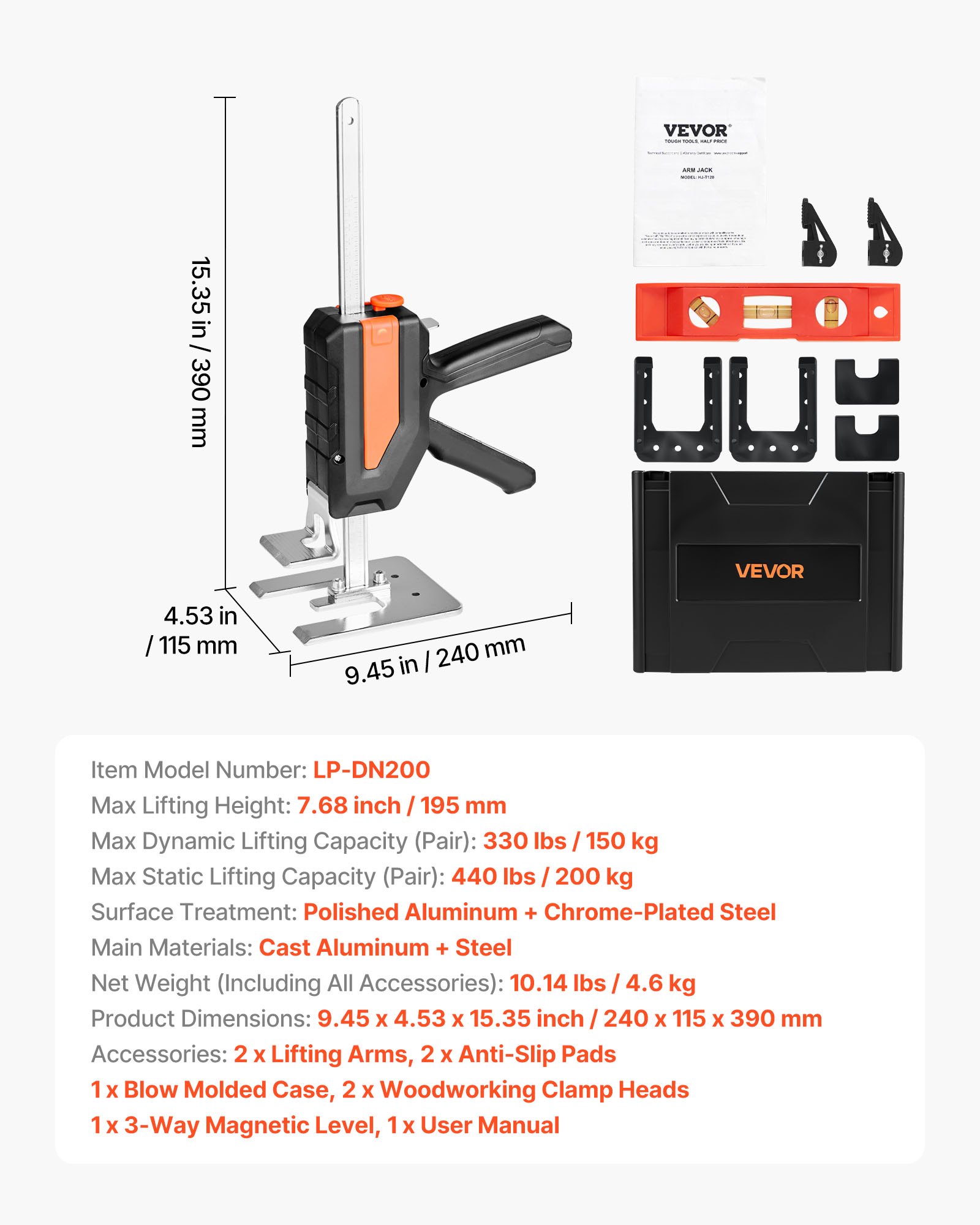 VEVOR Brazo Ahorrador de Trabajo 2 Piezas Carga de 200 kg Elevación hasta 195 mm Levantador Manual de Placas de Metal con Nivel Magnético 2 Modos de Ajuste para Puertas, Ventanas, Muebles, Negro