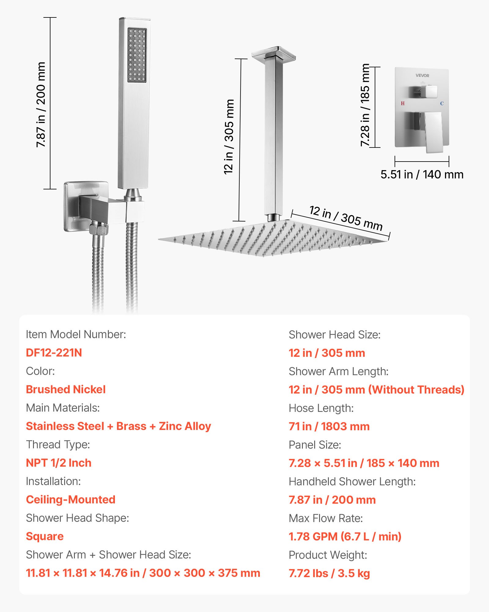 VEVOR Shower Faucet Set, Rainfall Bathroom Shower System with 12-Inch (30.5cm) Square Rain Shower Head and Handheld Spray, Ceiling Mount Bath Fixtures with Brass Valve and Trim Kit, Brushed Nickel