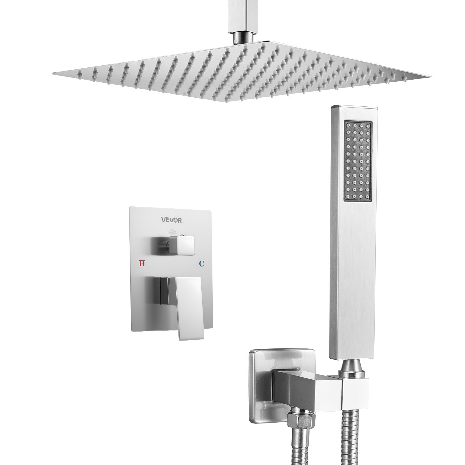 VEVOR Shower Faucet Set, Rainfall Bathroom Shower System with 12-Inch (30.5cm) Square Rain Shower Head and Handheld Spray, Ceiling Mount Bath Fixtures with Brass Valve and Trim Kit, Brushed Nickel