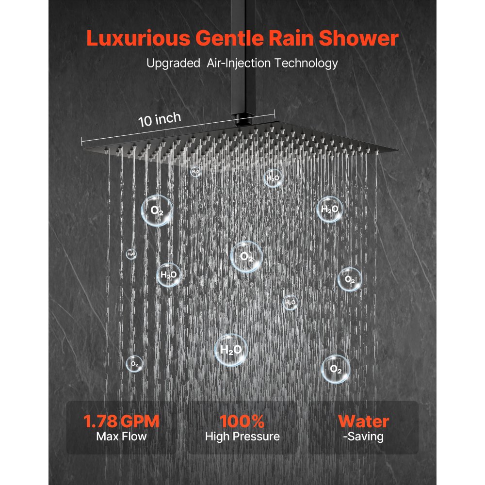 VEVOR Juego de Grifo de Ducha de Lluvia con Cabezal de Ducha Cuadrado de 25,4 cm y Rociador de Mano, Grifería de Techo con Válvula de Latón y Kit de Embellecedor, 6,7 L/min, Color Negro Mate