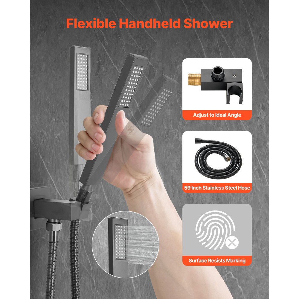 VEVOR Juego de Grifo de Ducha de Lluvia con Cabezal de Ducha Cuadrado de 25,4 cm y Rociador de Mano, Grifería de Techo con Válvula de Latón y Kit de Embellecedor, 6,7 L/min, Color Negro Mate