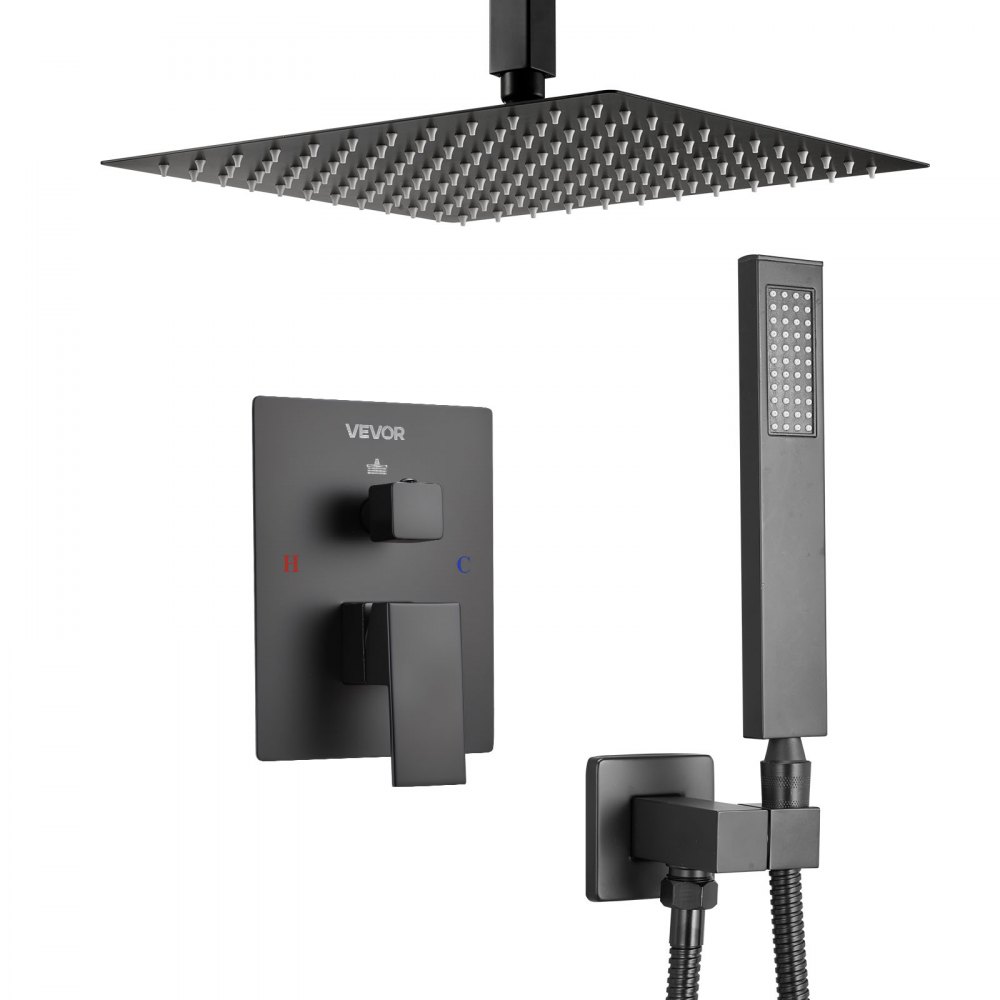 VEVOR Juego de Grifo de Ducha de Lluvia con Cabezal de Ducha Cuadrado de 25,4 cm y Rociador de Mano, Grifería de Techo con Válvula de Latón y Kit de Embellecedor, 6,7 L/min, Color Negro Mate