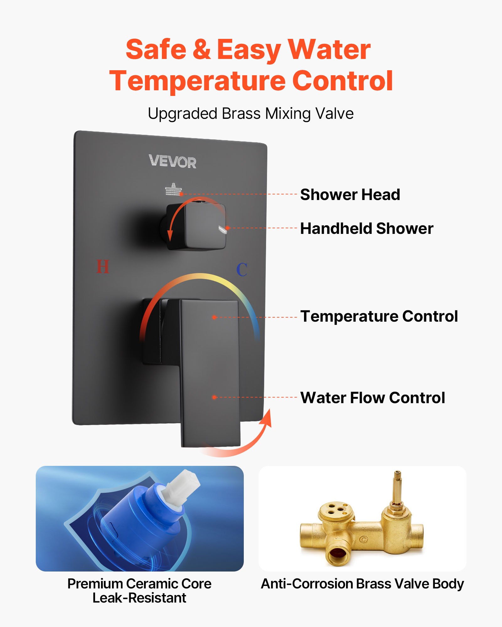 VEVOR Juego de Grifo de Ducha de Lluvia con Cabezal de Ducha Cuadrado de 25,4 cm y Rociador de Mano, Grifería de Techo con Válvula de Latón y Kit de Embellecedor, 6,7 L/min, Color Negro Mate