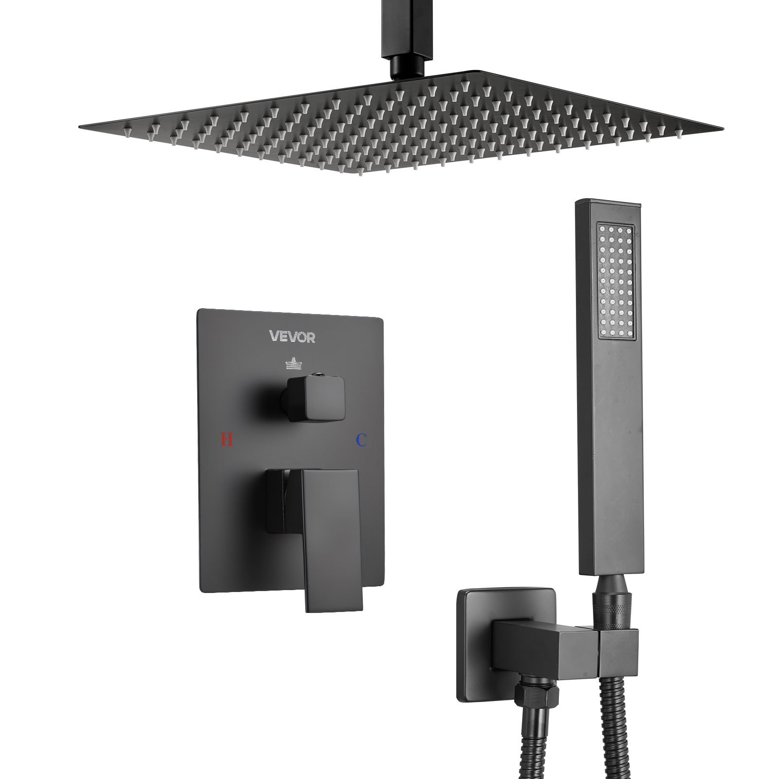 VEVOR Juego de Grifo de Ducha de Lluvia con Cabezal de Ducha Cuadrado de 25,4 cm y Rociador de Mano, Grifería de Techo con Válvula de Latón y Kit de Embellecedor, 6,7 L/min, Color Negro Mate