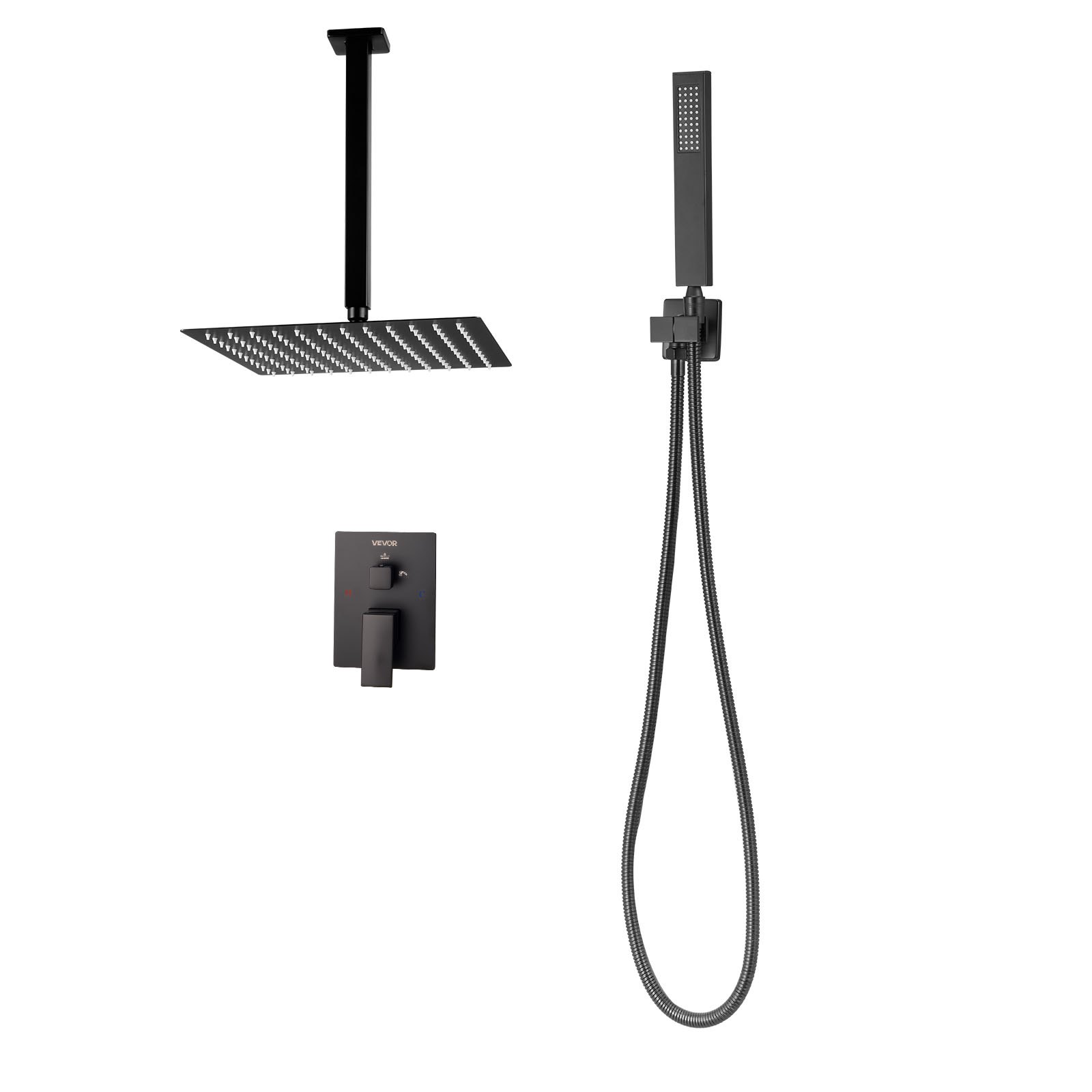 VEVOR Juego de Grifo de Ducha de Lluvia con Cabezal de Ducha Cuadrado de 25,4 cm y Rociador de Mano, Grifería de Techo con Válvula de Latón y Kit de Embellecedor, 6,7 L/min, Color Negro Mate