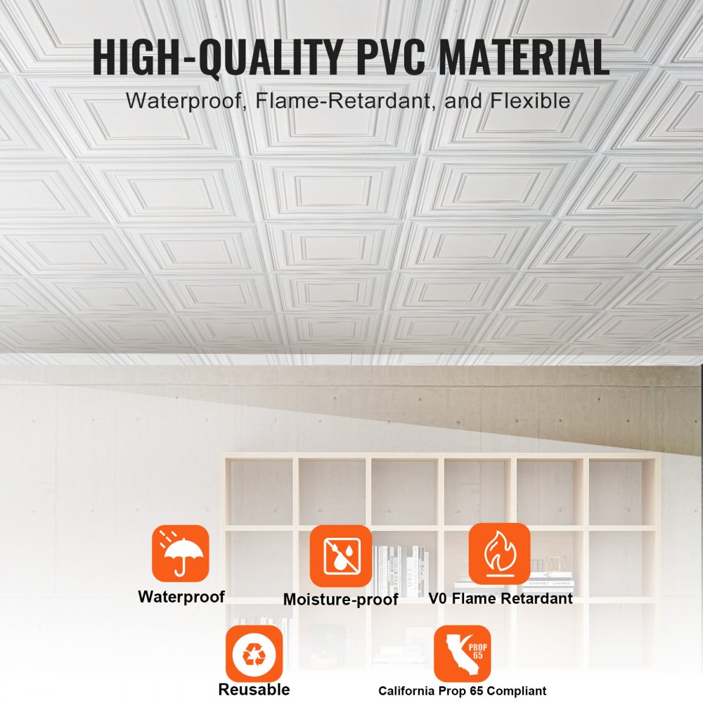 VEVOR Ceiling Tiles, 12-Pack 24 x 24 Inch, Suspended Ceiling Tiles Made of High-Quality PVC Sheet, Easy Installation/Cutting, Adhesive Plastic Ceiling Tiles, Ceiling Covering for Home/Office Decoration, White Pen Pattern