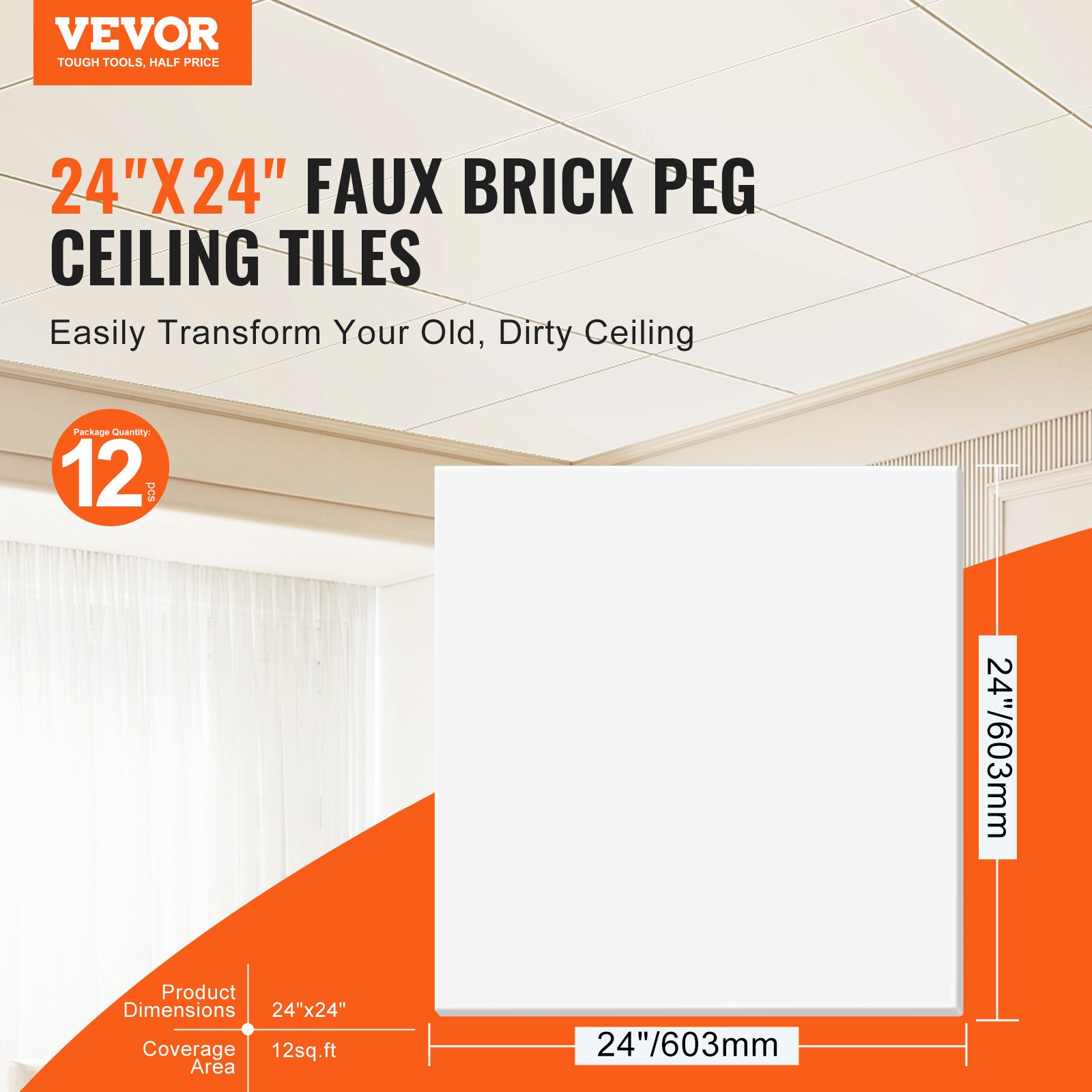 VEVOR Paneles de Techo de Poliestireno 12 Piezas Paneles de Techo de Plástico para Pegar 603x603 mm Instalación Fácil Revestimiento de Techo de Sótano para Decoración del Hogar, Oficina, Blanco