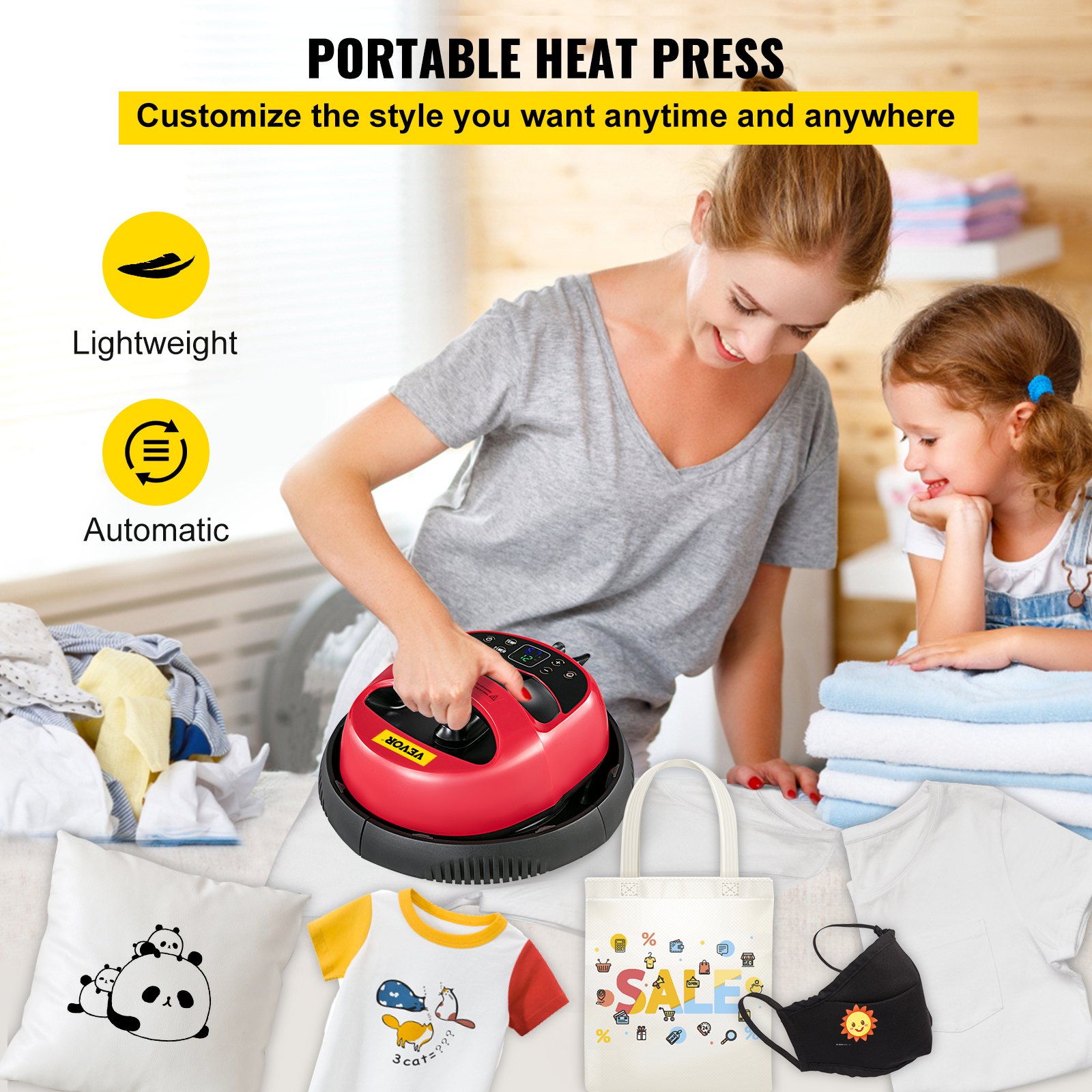 VEVOR Mini Prensa de Calor para Camisetas Negro y Rojo Máquina de Transferencia de Calor 12x10 pulgadas (30x 25cm)