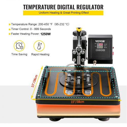 VEVOR 8 en 1 Máquina de Prensa de Calor Transferencia Digital Máquina de Sublimación 38 x 38 cm, Prensadora de Calor para Camiseta Taza Sombrero Gorra con Placa Ajustable Multifuncional Color Negro