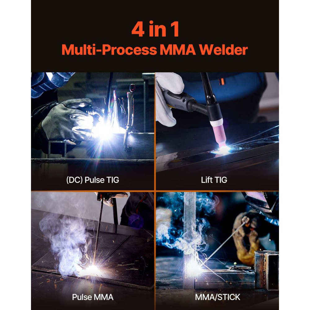 VEVOR MMA Welder, 140A 4-in-1 Welding Machine - MMA (Stick)/DC Pulse MMA/DC Pulse TIG/Lift TIG, LED Display Electric Welder Machine with Synergic Control, IGBT Inverter, Hot Start