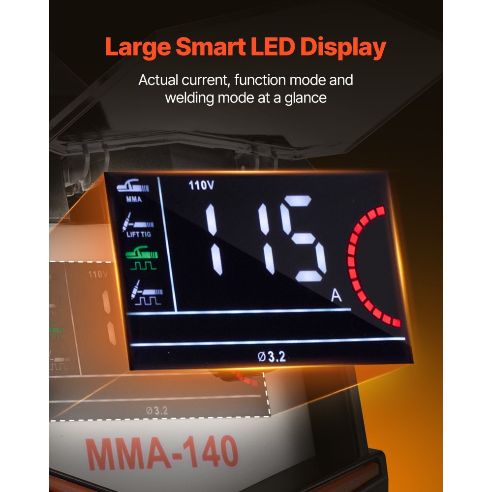 VEVOR Soldador TIG, Máquina de Soldar 4 en 1 Máquina de Soldadura Eléctrica 140 A, Pantalla LED Grande, Eléctrico con Inversor IGBT de Control Sinérgico y Arranque en Caliente, 310 x 135 x 270 mm