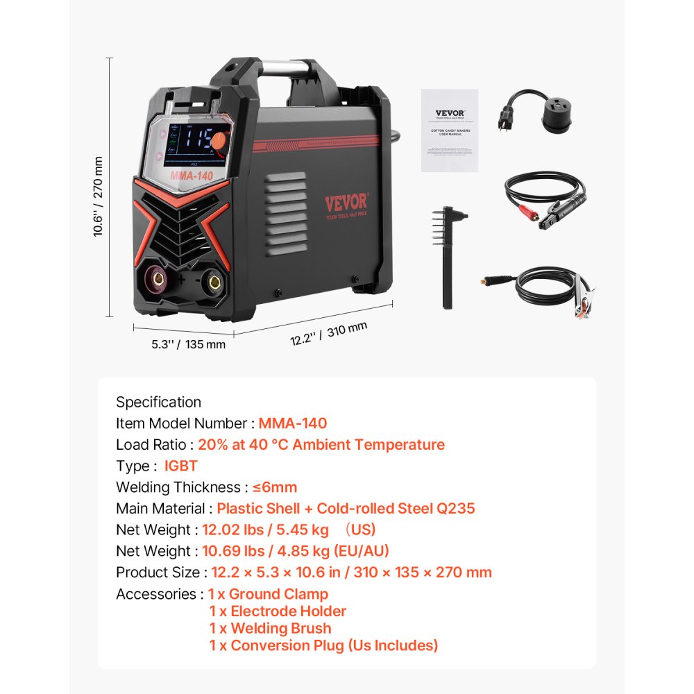 VEVOR Soldador TIG, Máquina de Soldar 4 en 1 Máquina de Soldadura Eléctrica 140 A, Pantalla LED Grande, Eléctrico con Inversor IGBT de Control Sinérgico y Arranque en Caliente, 310 x 135 x 270 mm