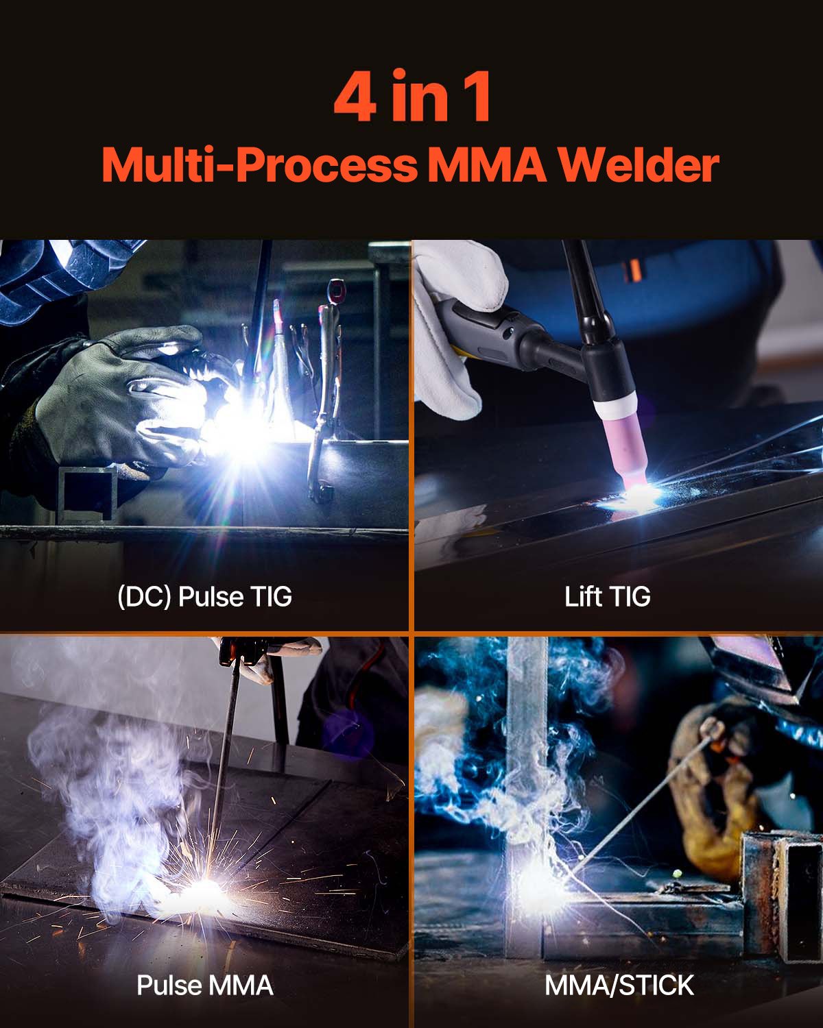 VEVOR MMA Welder, 140A 4-in-1 Welding Machine - MMA (Stick)/DC Pulse MMA/DC Pulse TIG/Lift TIG, LED Display Electric Welder Machine with Synergic Control, IGBT Inverter, Hot Start