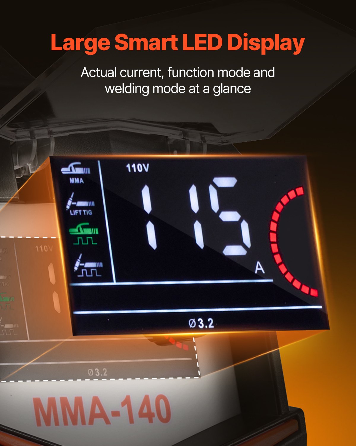 VEVOR Soldador TIG, Máquina de Soldar 4 en 1 Máquina de Soldadura Eléctrica 140 A, Pantalla LED Grande, Eléctrico con Inversor IGBT de Control Sinérgico y Arranque en Caliente, 310 x 135 x 270 mm