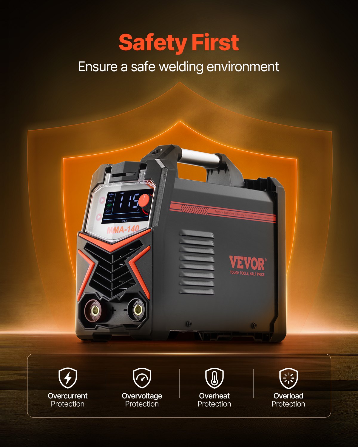 VEVOR Soldador TIG, Máquina de Soldar 4 en 1 Máquina de Soldadura Eléctrica 140 A, Pantalla LED Grande, Eléctrico con Inversor IGBT de Control Sinérgico y Arranque en Caliente, 310 x 135 x 270 mm