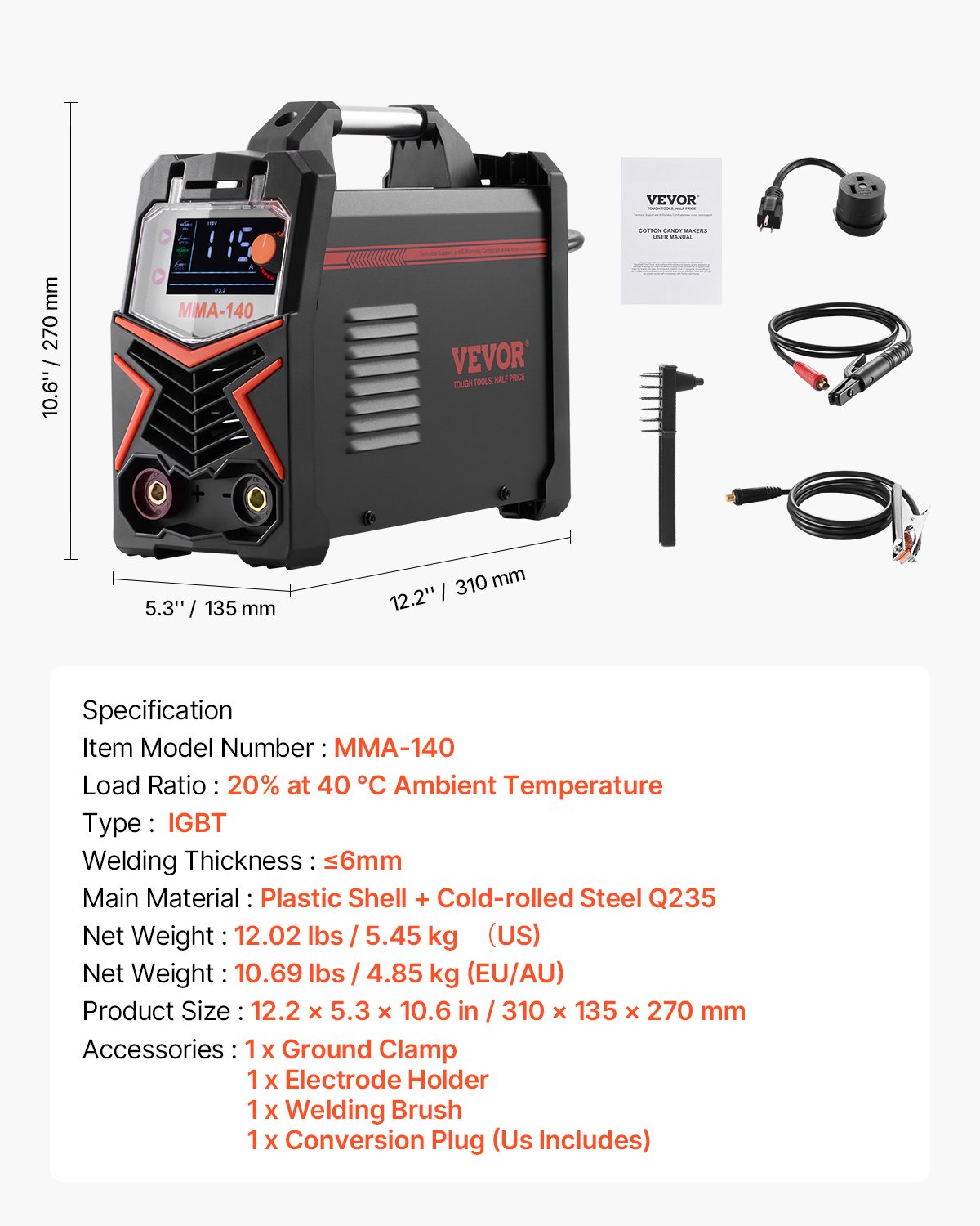 VEVOR Soldador TIG, Máquina de Soldar 4 en 1 Máquina de Soldadura Eléctrica 140 A, Pantalla LED Grande, Eléctrico con Inversor IGBT de Control Sinérgico y Arranque en Caliente, 310 x 135 x 270 mm
