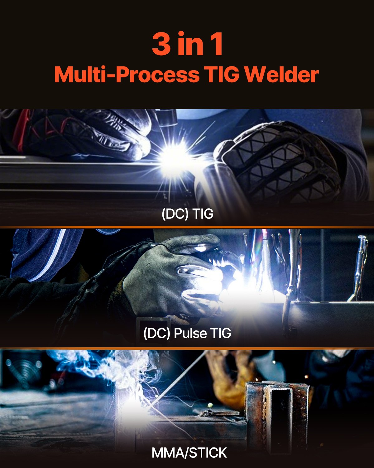 VEVOR TIG welding machine, 3-in-1 welder (large LED display) – DC TIG/DC Pulse TIG/MMA (Stick), electric welding machine with IGBT inverter high-frequency start