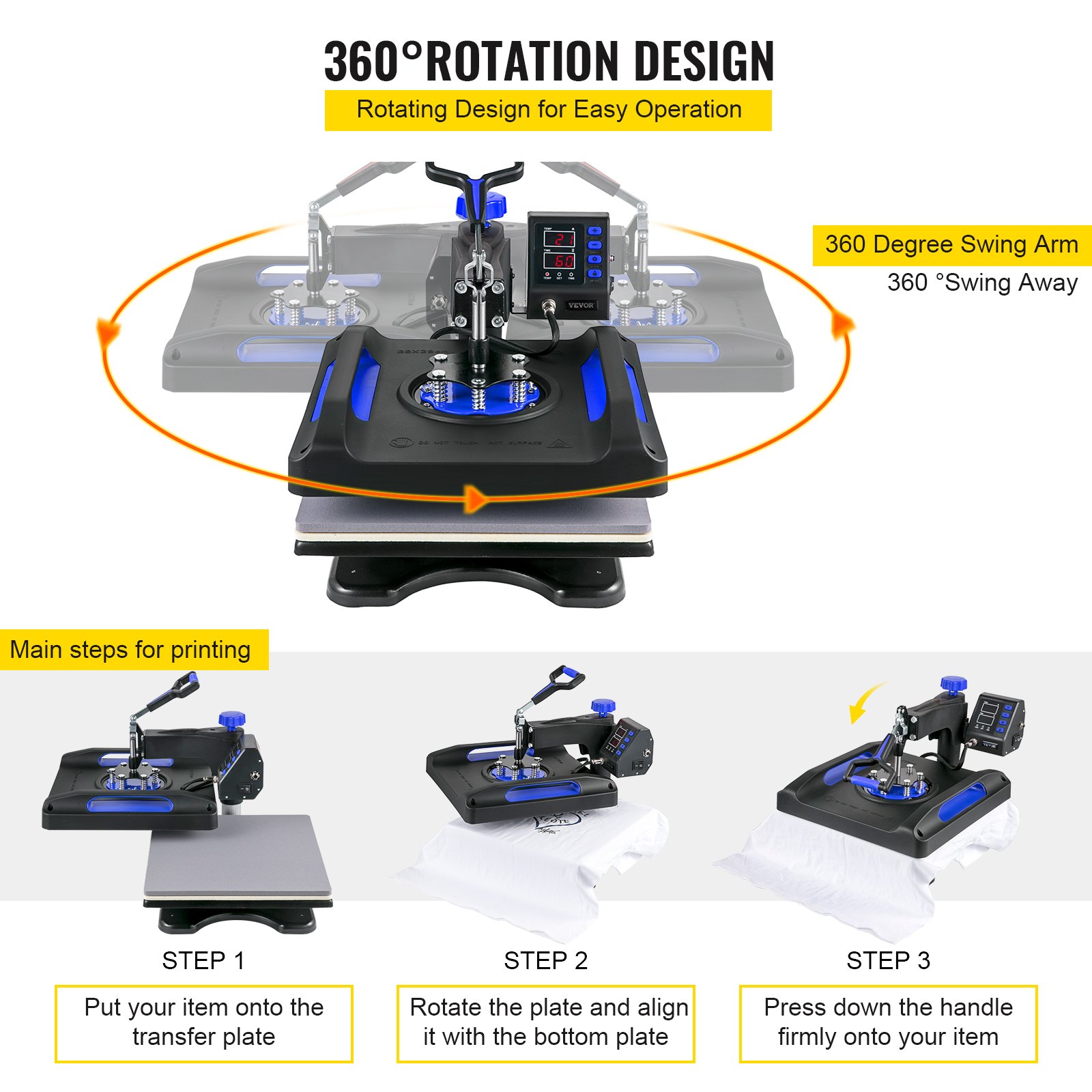 Vevor 8 En 1 Máquina De Prensa De Calor 38x38 Cm Sublimación Camiseta 1000w Azul