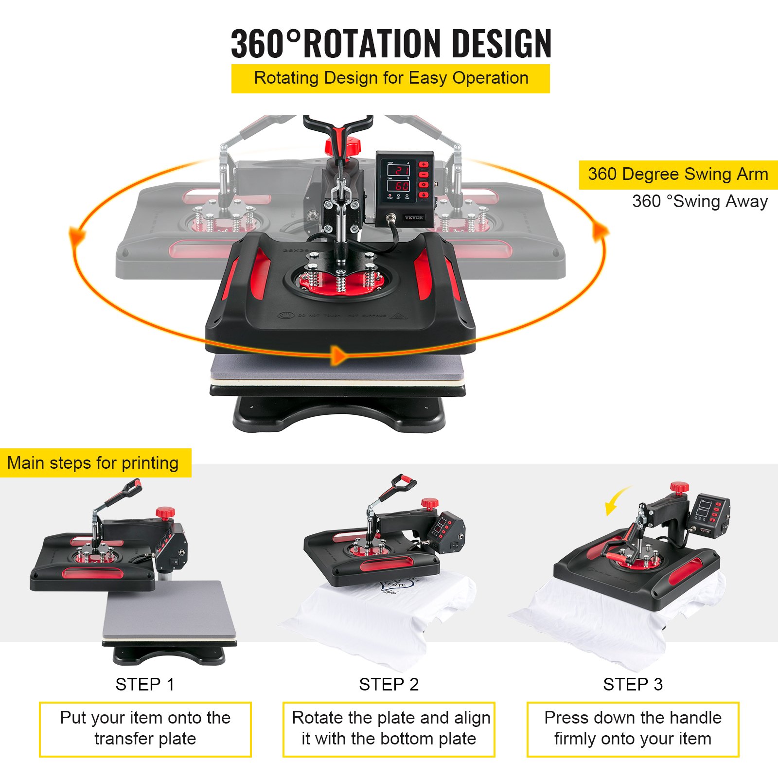 Vevor 8 En 1 Máquina De Prensa De Calor 38x38 Cm Sublimación Camiseta 1000w Roja