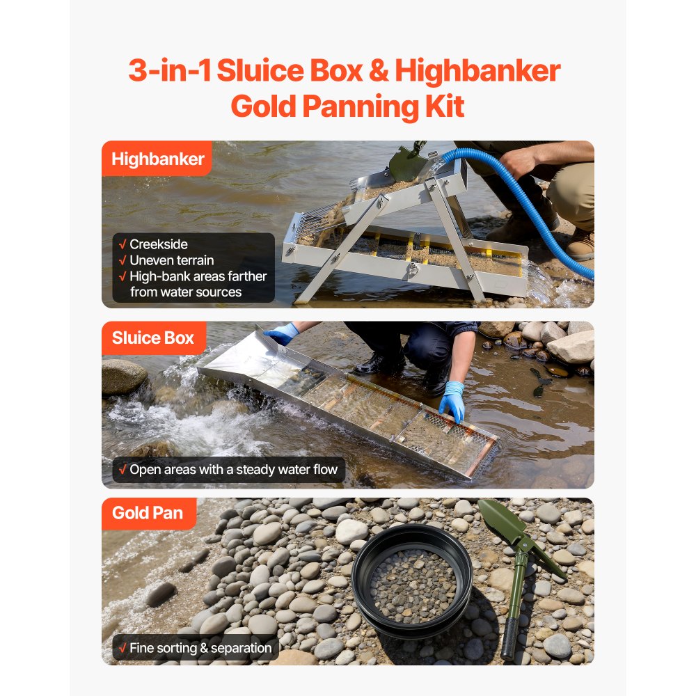 VEVOR Kit Completo para Prospección de Oro, 26 Piezas, Canaleta para Lavado, Bandejas de Lavado, Bateas para Buscar Oro, de Aleación de Aluminio, con Accesorios, para Búsqueda en Minería Ríos Arroyos