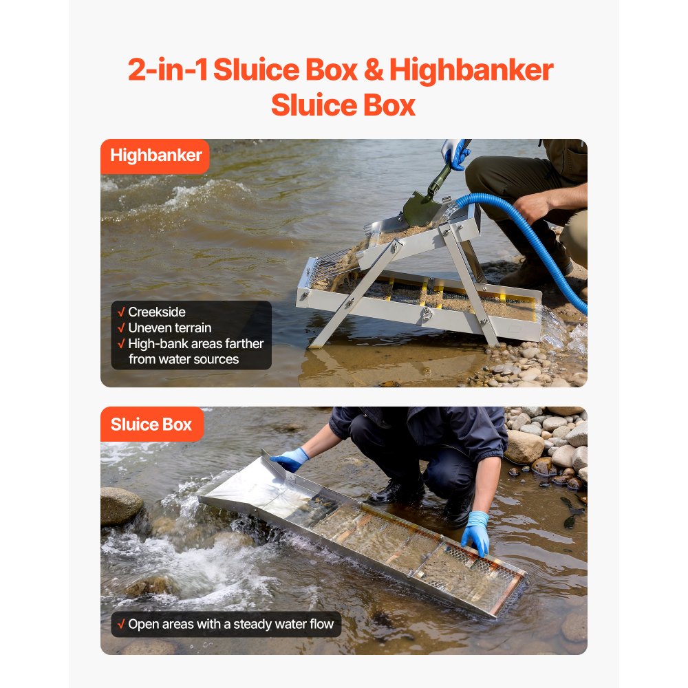 VEVOR Canaleta para Lavado de Oro 1270 mm, Equipo Portátil de Prospección de Oro, Plegable con Correa de Hombro Bolsa de Transporte Guantes, Aleación de Aluminio, para Buscar Minería Ríos Arroyos