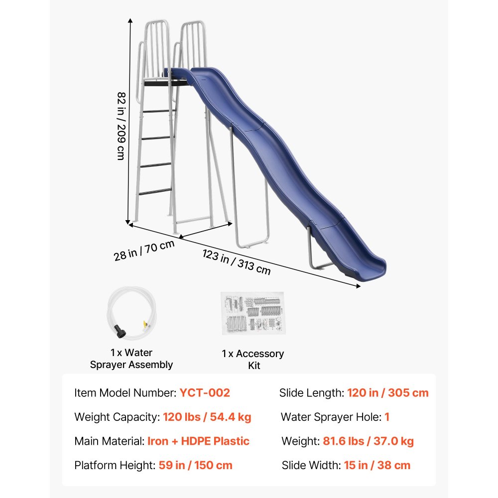 VEVOR Tobogán con Agua para Exterior 305 cm, Tobogán Independiente con Rociador Ajustable Incorporado para Grifo o Manguera, Escalera de Escalada, de Hierro y Plástico HDPE, para Piscina, Jardín