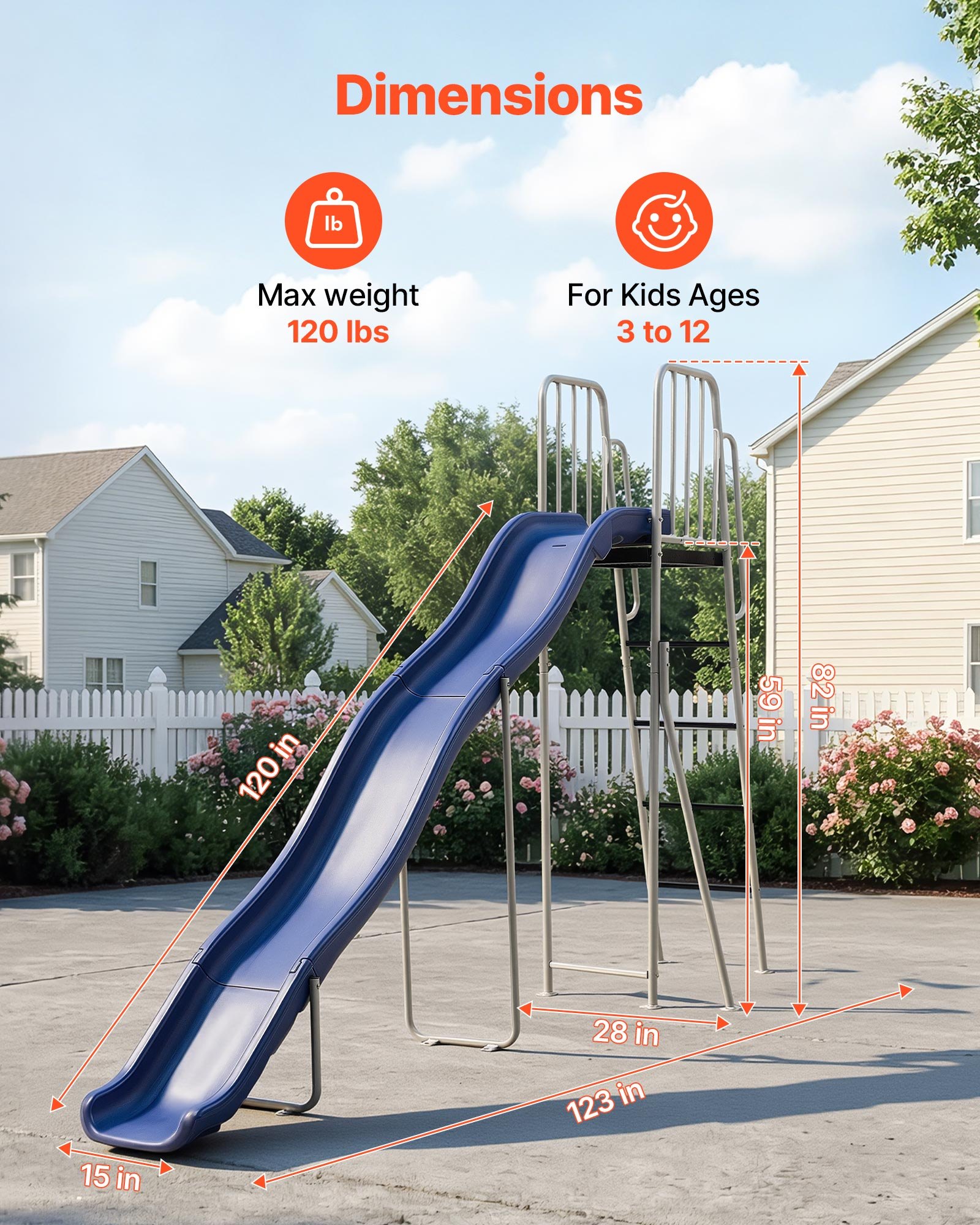 VEVOR Tobogán con Agua para Exterior 305 cm, Tobogán Independiente con Rociador Ajustable Incorporado para Grifo o Manguera, Escalera de Escalada, de Hierro y Plástico HDPE, para Piscina, Jardín