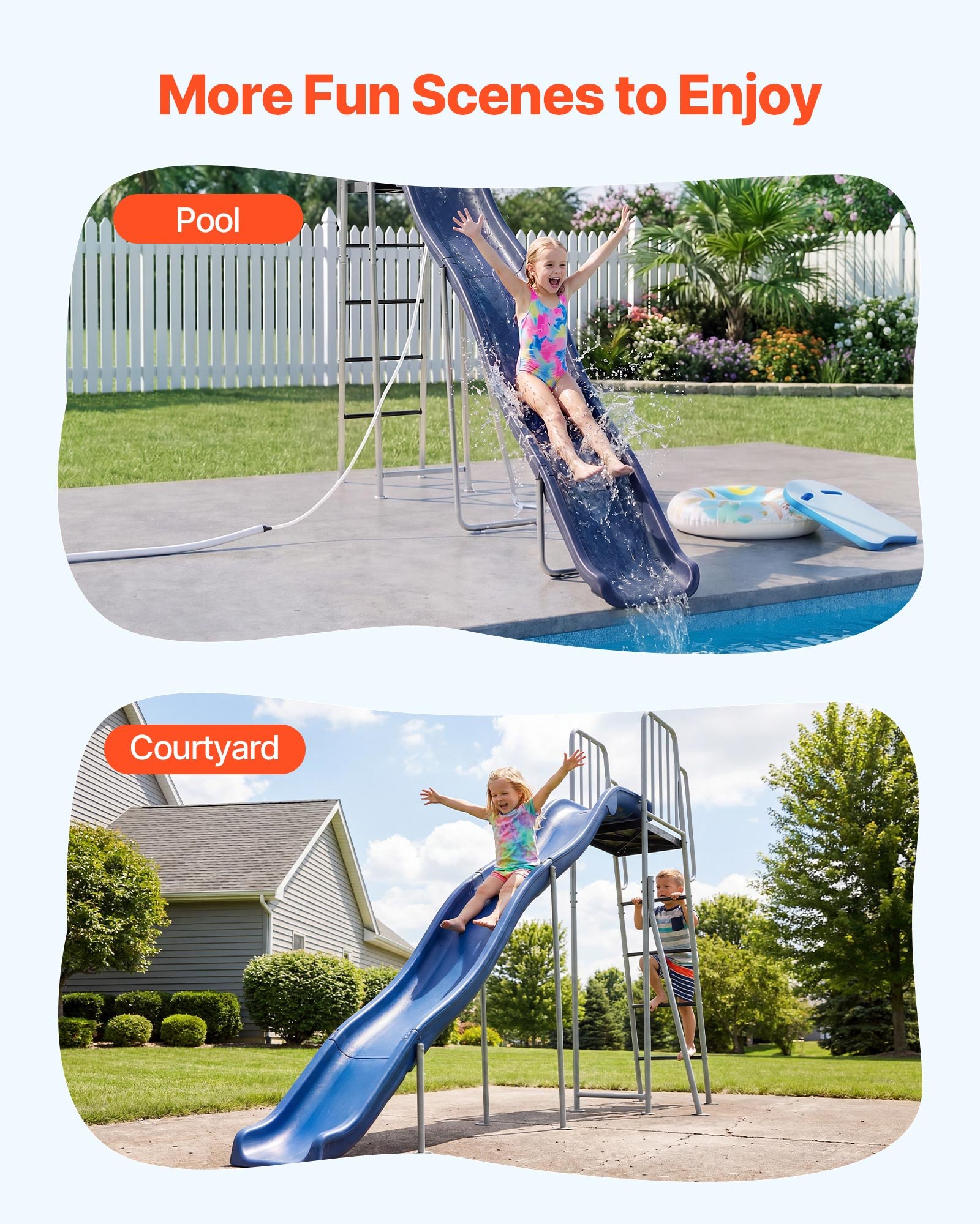 VEVOR Tobogán con Agua para Exterior 305 cm, Tobogán Independiente con Rociador Ajustable Incorporado para Grifo o Manguera, Escalera de Escalada, de Hierro y Plástico HDPE, para Piscina, Jardín