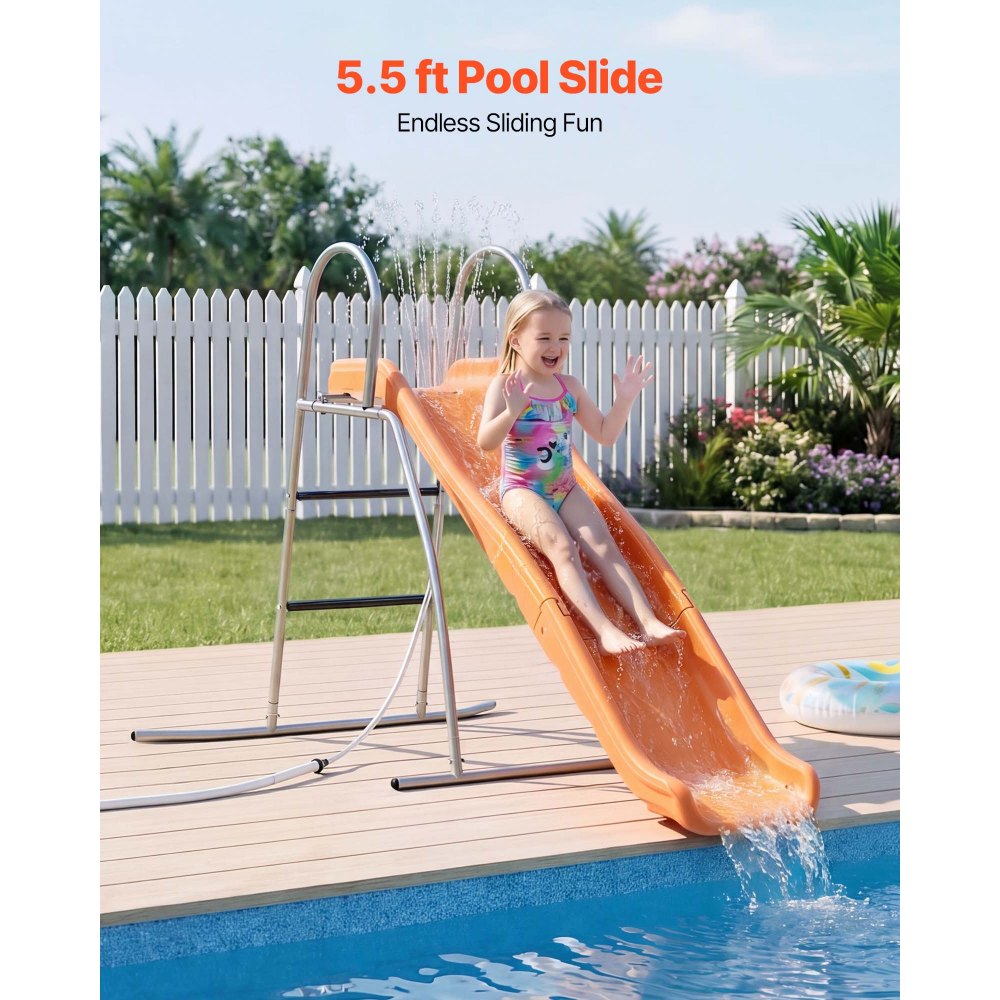 VEVOR Tobogán con Agua 165 cm, Tobogán Independiente con Lona para Suelo, Rociador Ajustable Incorporado para Grifo o Manguera, Escalera de Escalada, de Hierro y Plástico HDPE, para Piscina, Jardín
