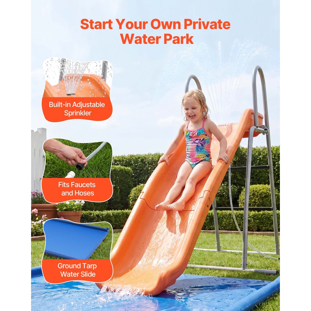 VEVOR Tobogán con Agua 165 cm, Tobogán Independiente con Lona para Suelo, Rociador Ajustable Incorporado para Grifo o Manguera, Escalera de Escalada, de Hierro y Plástico HDPE, para Piscina, Jardín