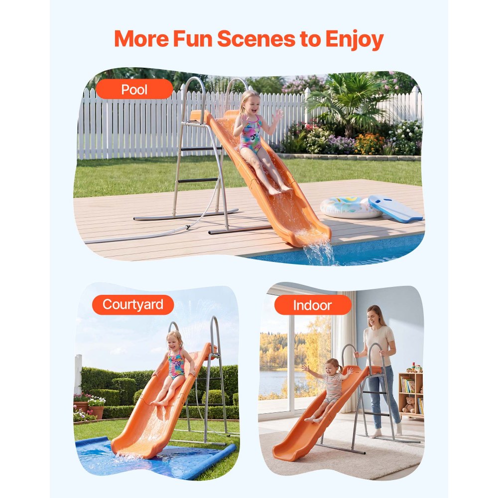 VEVOR Tobogán con Agua 165 cm, Tobogán Independiente con Lona para Suelo, Rociador Ajustable Incorporado para Grifo o Manguera, Escalera de Escalada, de Hierro y Plástico HDPE, para Piscina, Jardín