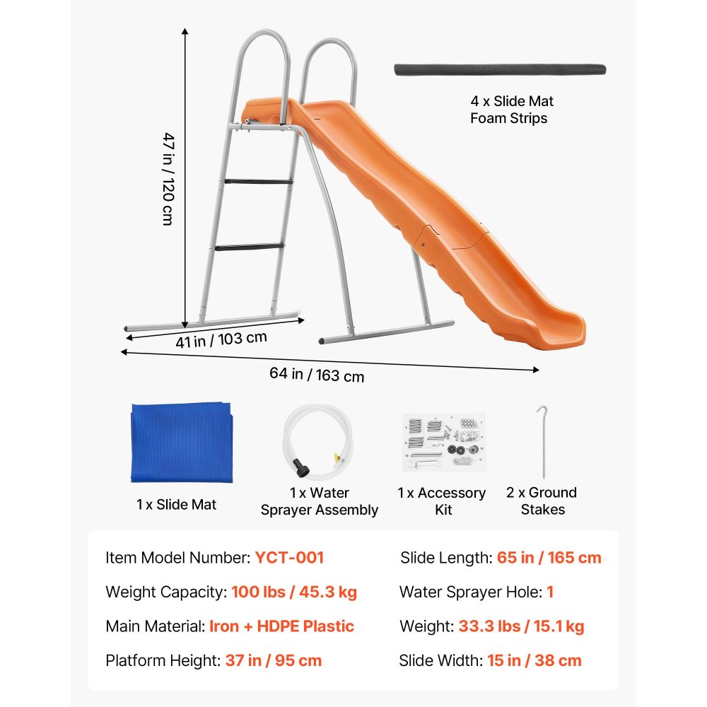 VEVOR Tobogán con Agua 165 cm, Tobogán Independiente con Lona para Suelo, Rociador Ajustable Incorporado para Grifo o Manguera, Escalera de Escalada, de Hierro y Plástico HDPE, para Piscina, Jardín