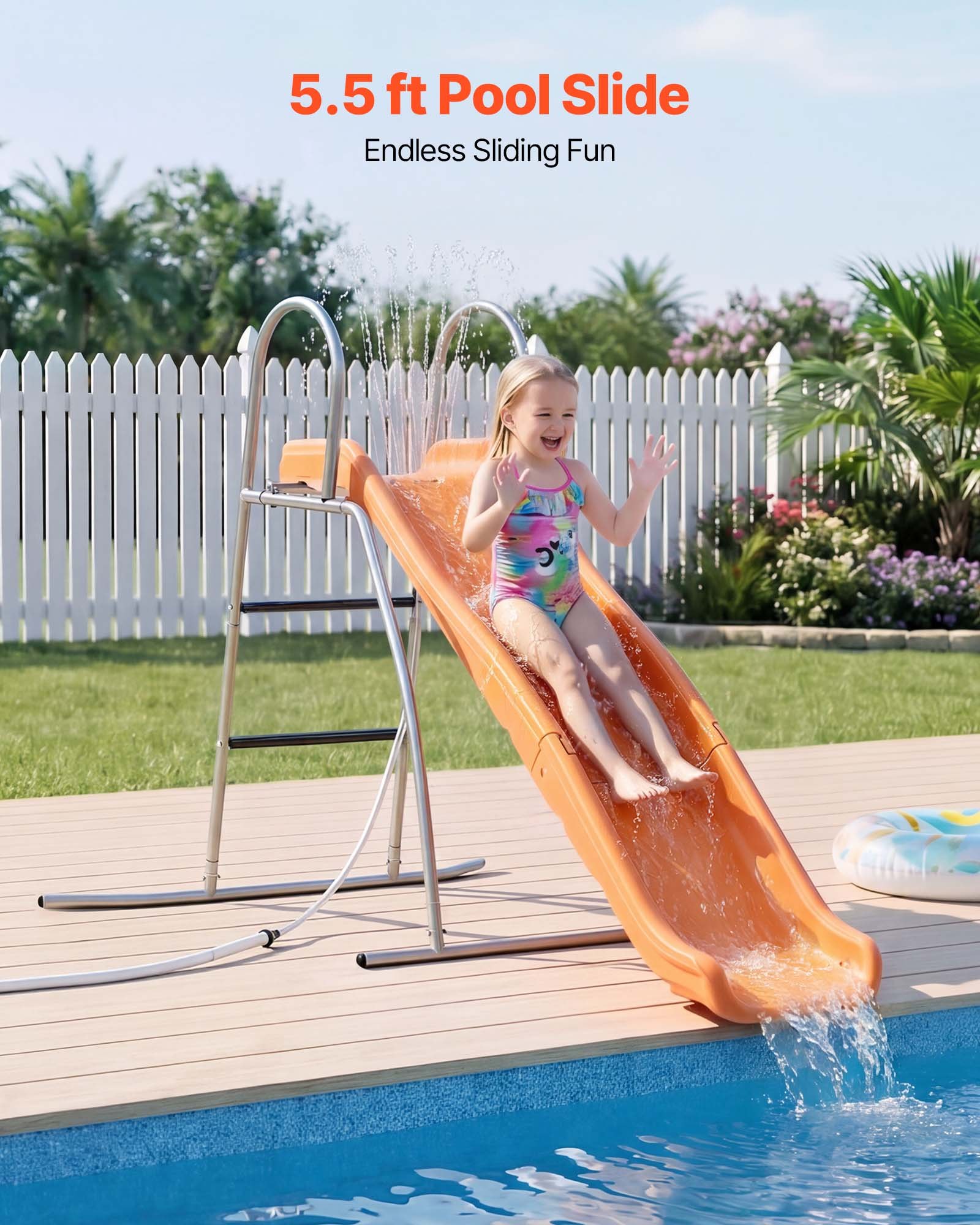 VEVOR Tobogán con Agua 165 cm, Tobogán Independiente con Lona para Suelo, Rociador Ajustable Incorporado para Grifo o Manguera, Escalera de Escalada, de Hierro y Plástico HDPE, para Piscina, Jardín