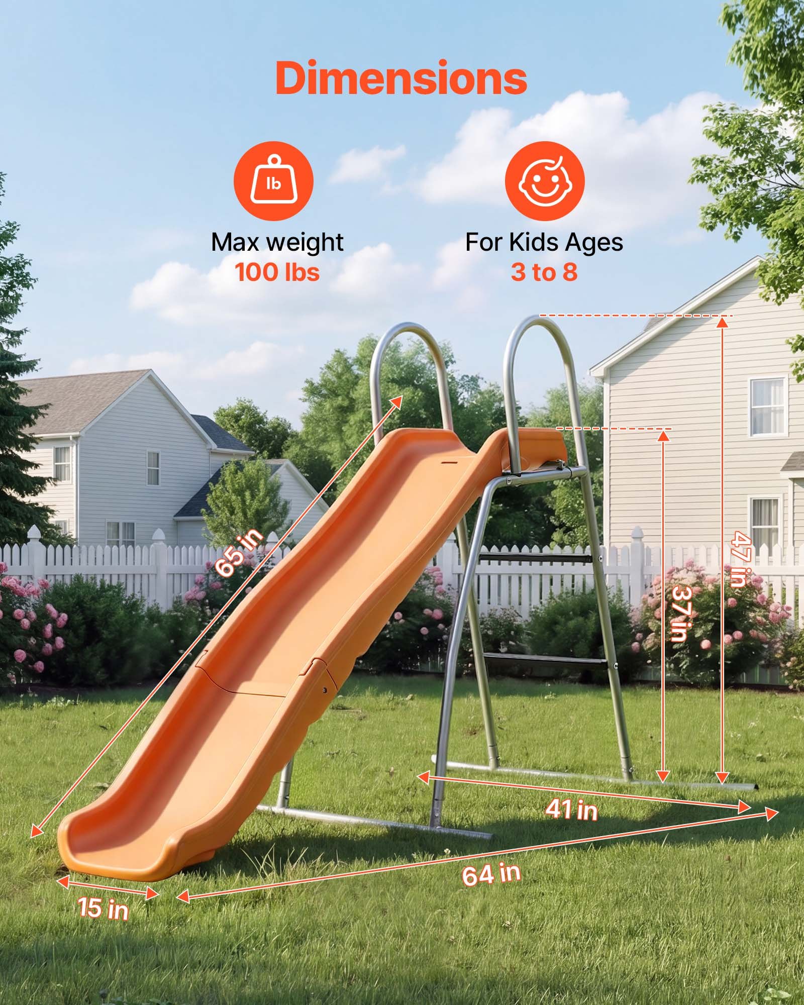 VEVOR Tobogán con Agua 165 cm, Tobogán Independiente con Lona para Suelo, Rociador Ajustable Incorporado para Grifo o Manguera, Escalera de Escalada, de Hierro y Plástico HDPE, para Piscina, Jardín