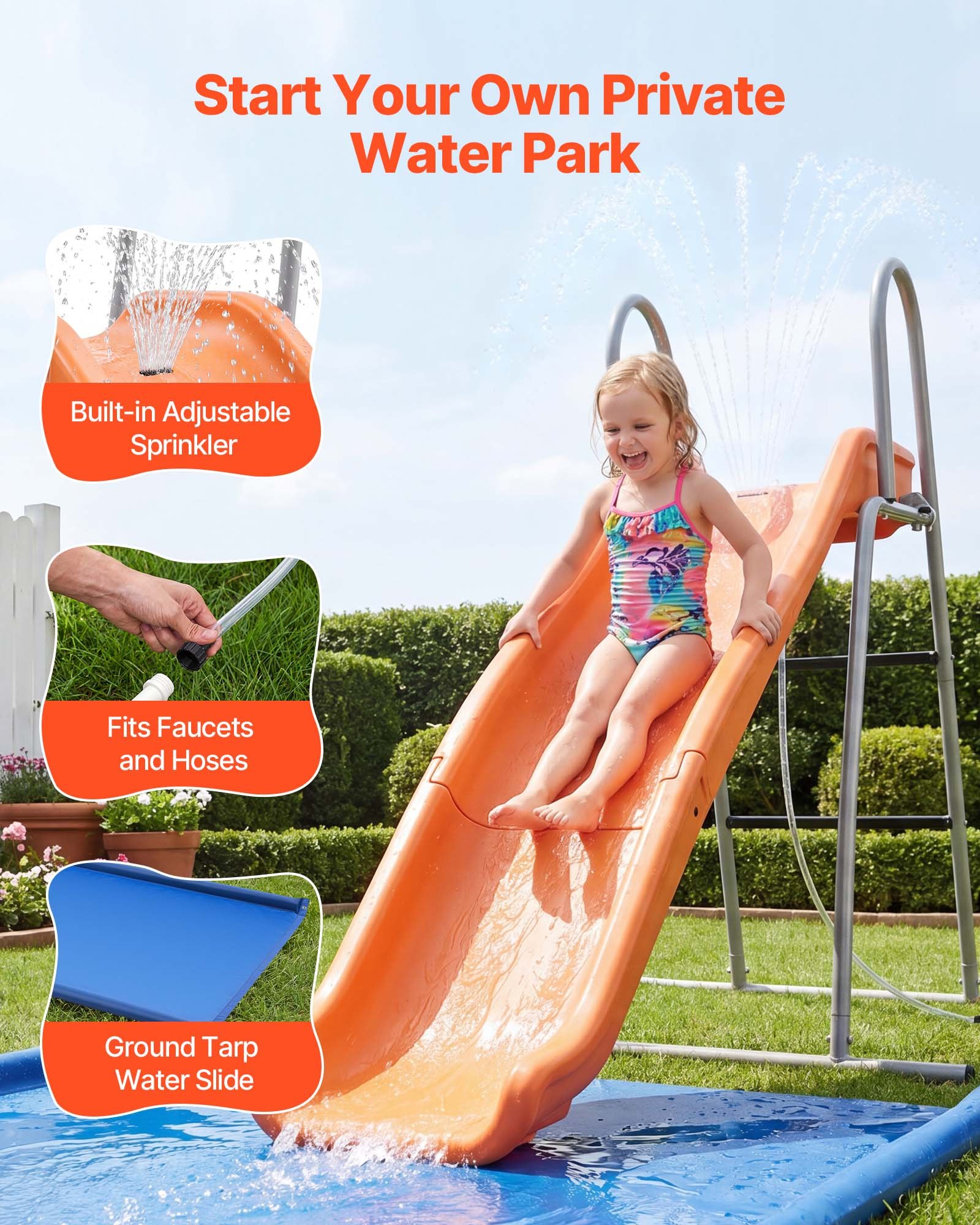 VEVOR Tobogán con Agua 165 cm, Tobogán Independiente con Lona para Suelo, Rociador Ajustable Incorporado para Grifo o Manguera, Escalera de Escalada, de Hierro y Plástico HDPE, para Piscina, Jardín