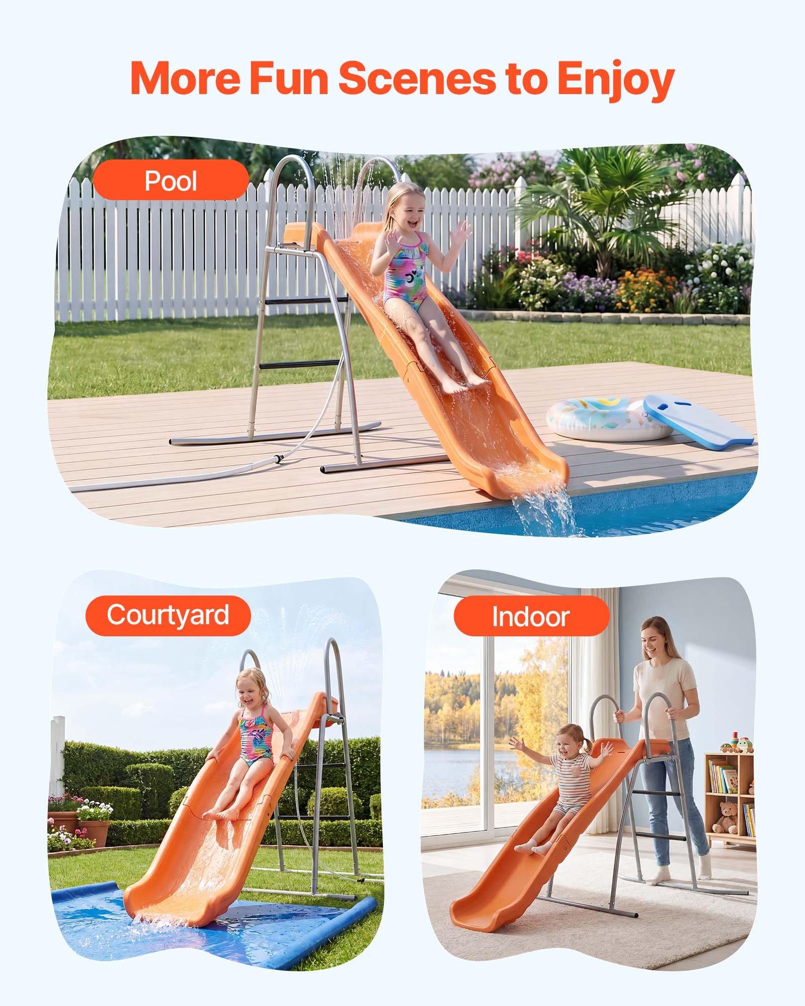 VEVOR Tobogán con Agua 165 cm, Tobogán Independiente con Lona para Suelo, Rociador Ajustable Incorporado para Grifo o Manguera, Escalera de Escalada, de Hierro y Plástico HDPE, para Piscina, Jardín
