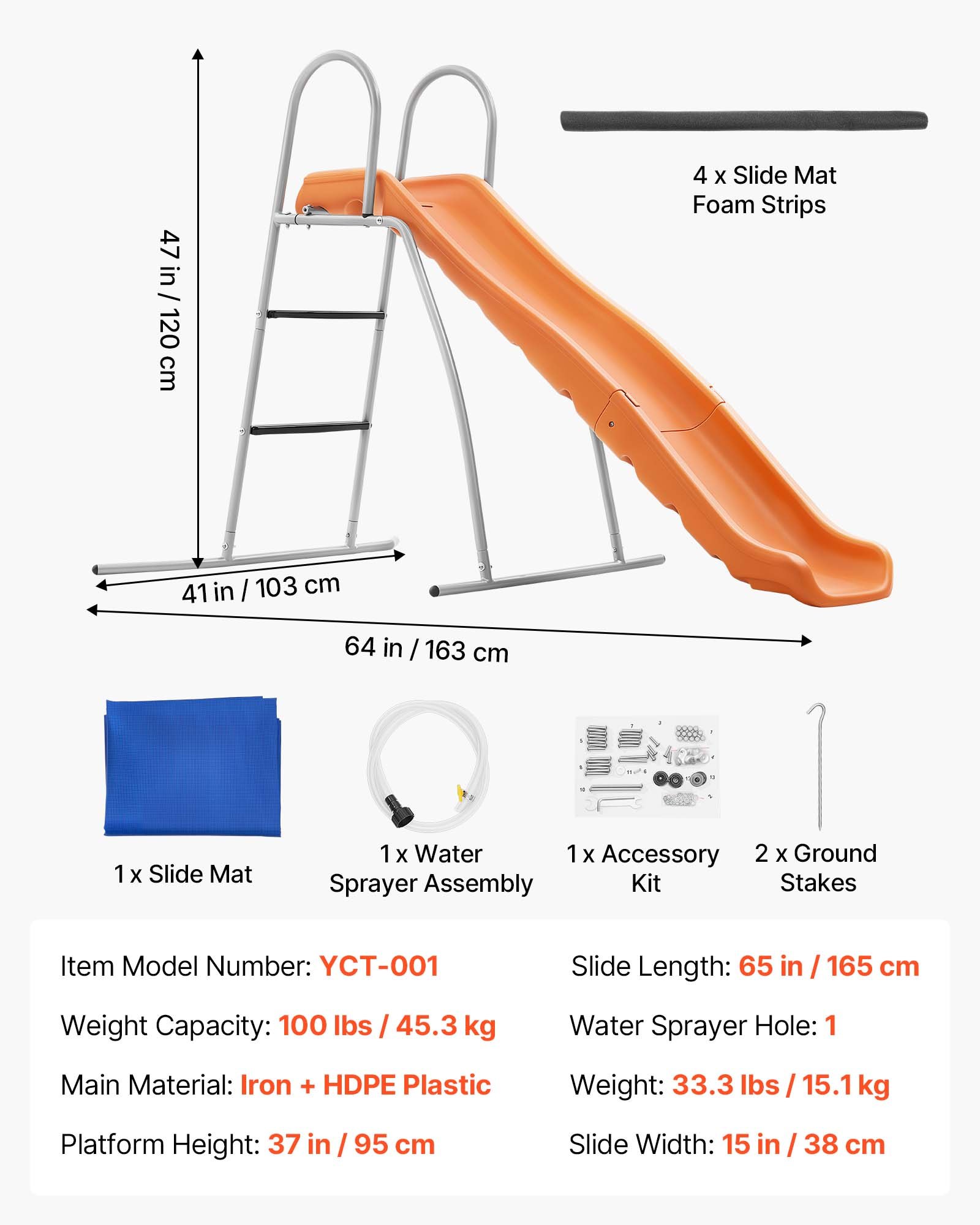 VEVOR Tobogán con Agua 165 cm, Tobogán Independiente con Lona para Suelo, Rociador Ajustable Incorporado para Grifo o Manguera, Escalera de Escalada, de Hierro y Plástico HDPE, para Piscina, Jardín