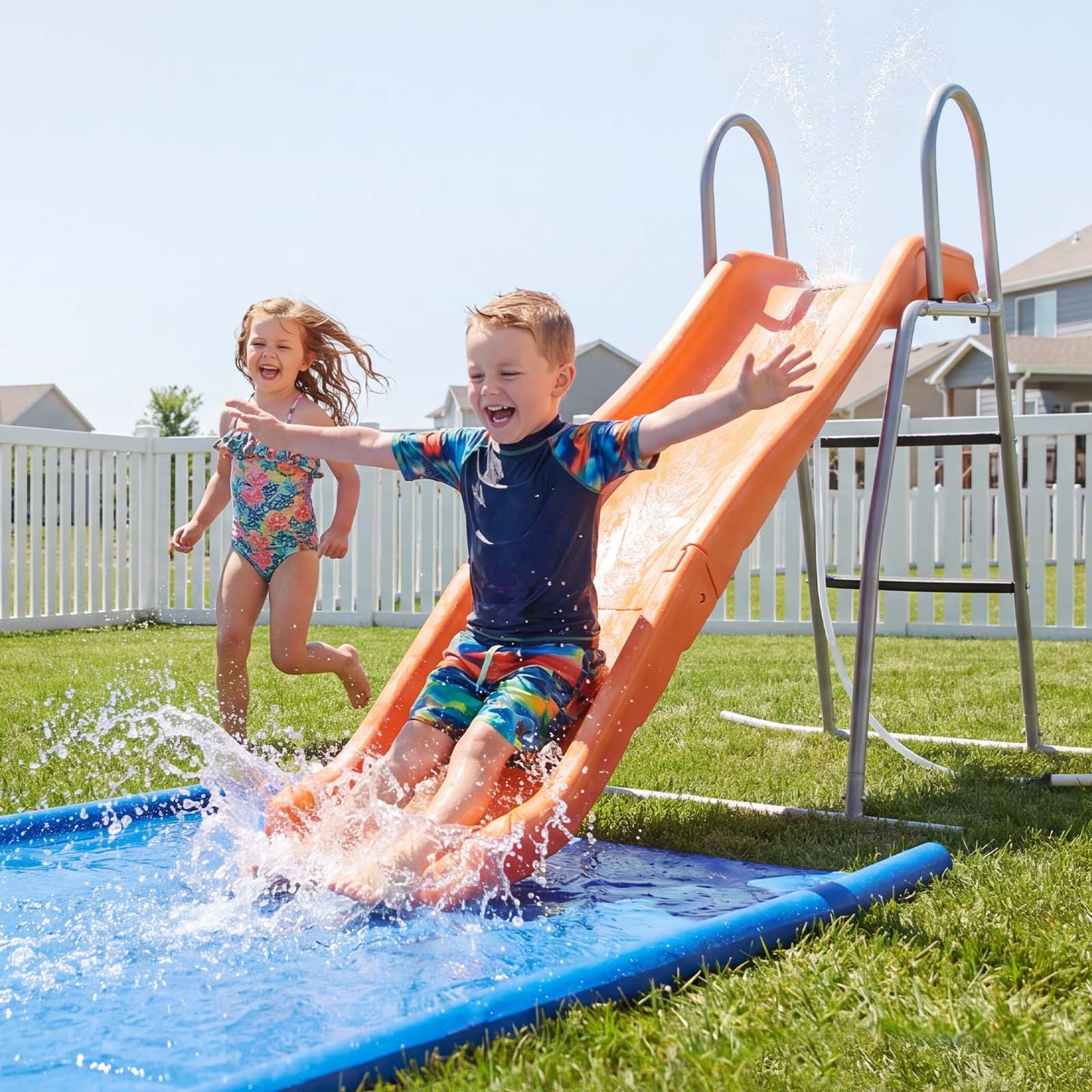 VEVOR Tobogán con Agua 165 cm, Tobogán Independiente con Lona para Suelo, Rociador Ajustable Incorporado para Grifo o Manguera, Escalera de Escalada, de Hierro y Plástico HDPE, para Piscina, Jardín