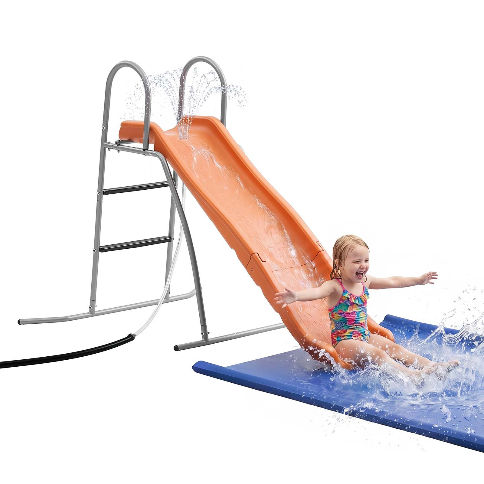 VEVOR Tobogán con Agua 165 cm, Tobogán Independiente con Lona para Suelo, Rociador Ajustable Incorporado para Grifo o Manguera, Escalera de Escalada, de Hierro y Plástico HDPE, para Piscina, Jardín