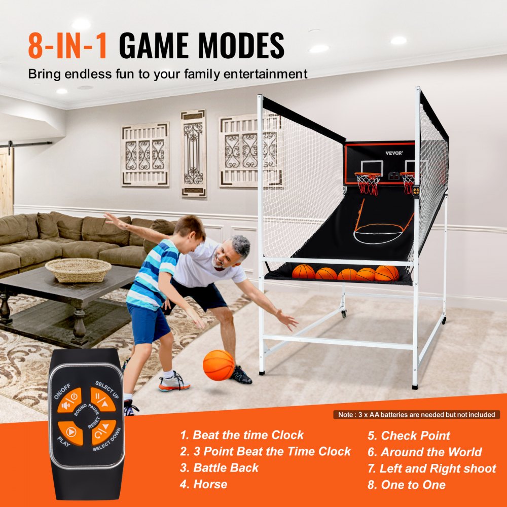 VEVOR Juego de Baloncesto Arcade Interior para 2 Jugadores, Deporte de Doble Tiro en Casa con 5 Bolas, 8 Modos de Juego, Marcador Electrónico y Bomba de Inflado, 2286 x 1219 x  2133 ± 50 mm, Negro