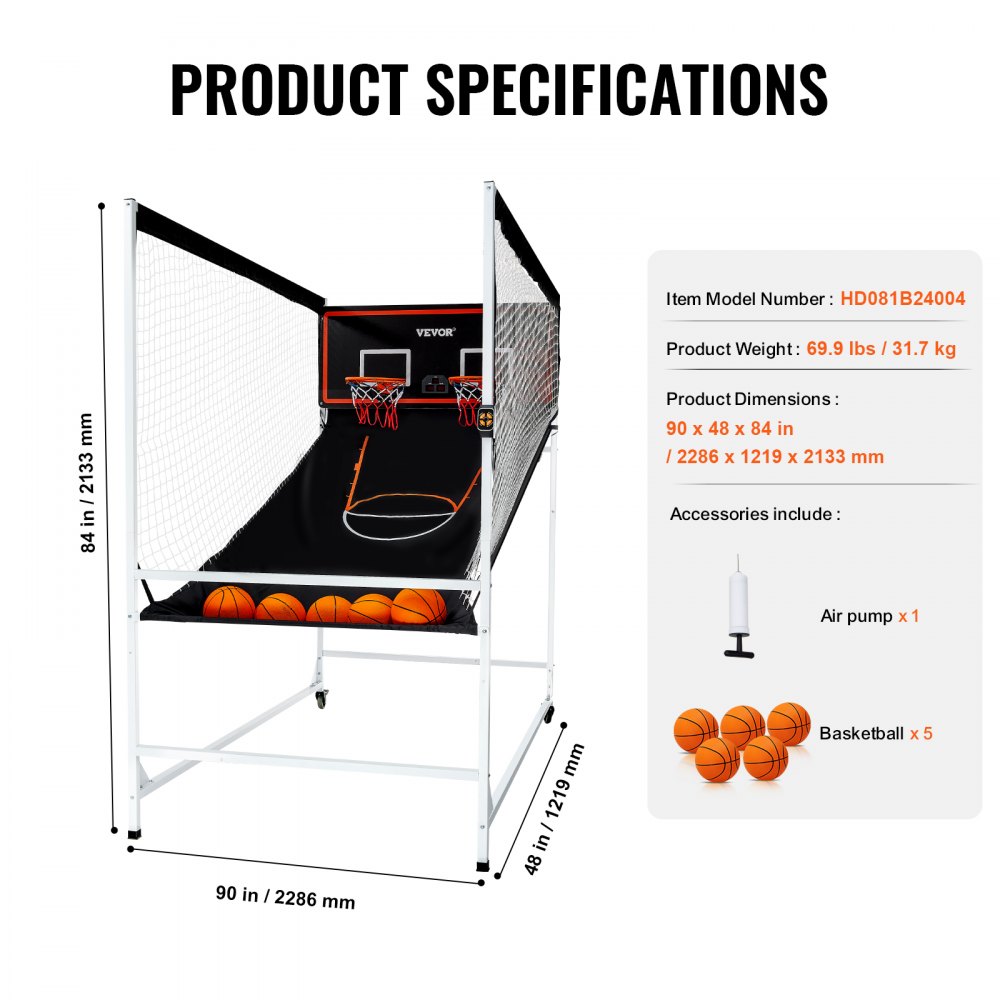 VEVOR Juego de Baloncesto Arcade Interior para 2 Jugadores, Deporte de Doble Tiro en Casa con 5 Bolas, 8 Modos de Juego, Marcador Electrónico y Bomba de Inflado, 2286 x 1219 x  2133 ± 50 mm, Negro