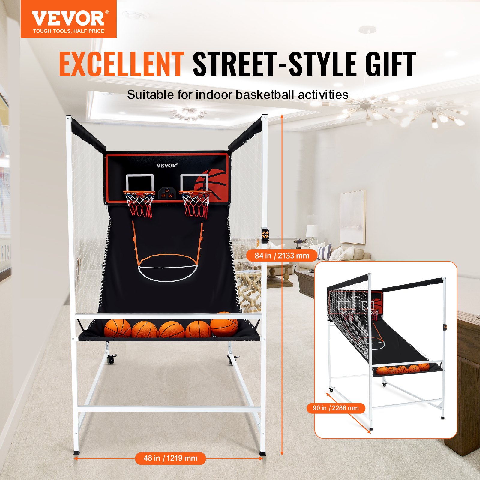 VEVOR Juego de Baloncesto Arcade Interior para 2 Jugadores, Deporte de Doble Tiro en Casa con 5 Bolas, 8 Modos de Juego, Marcador Electrónico y Bomba de Inflado, 2286 x 1219 x  2133 ± 50 mm, Negro