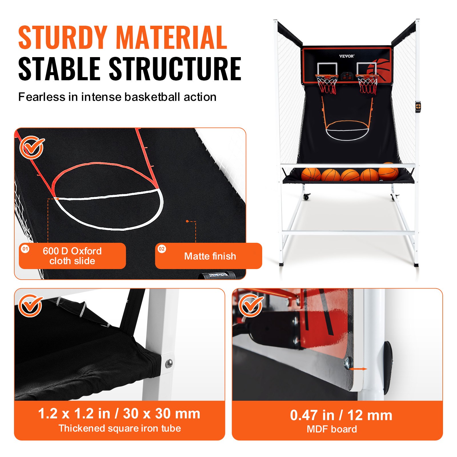 VEVOR Juego de Baloncesto Arcade Interior para 2 Jugadores, Deporte de Doble Tiro en Casa con 5 Bolas, 8 Modos de Juego, Marcador Electrónico y Bomba de Inflado, 2286 x 1219 x  2133 ± 50 mm, Negro