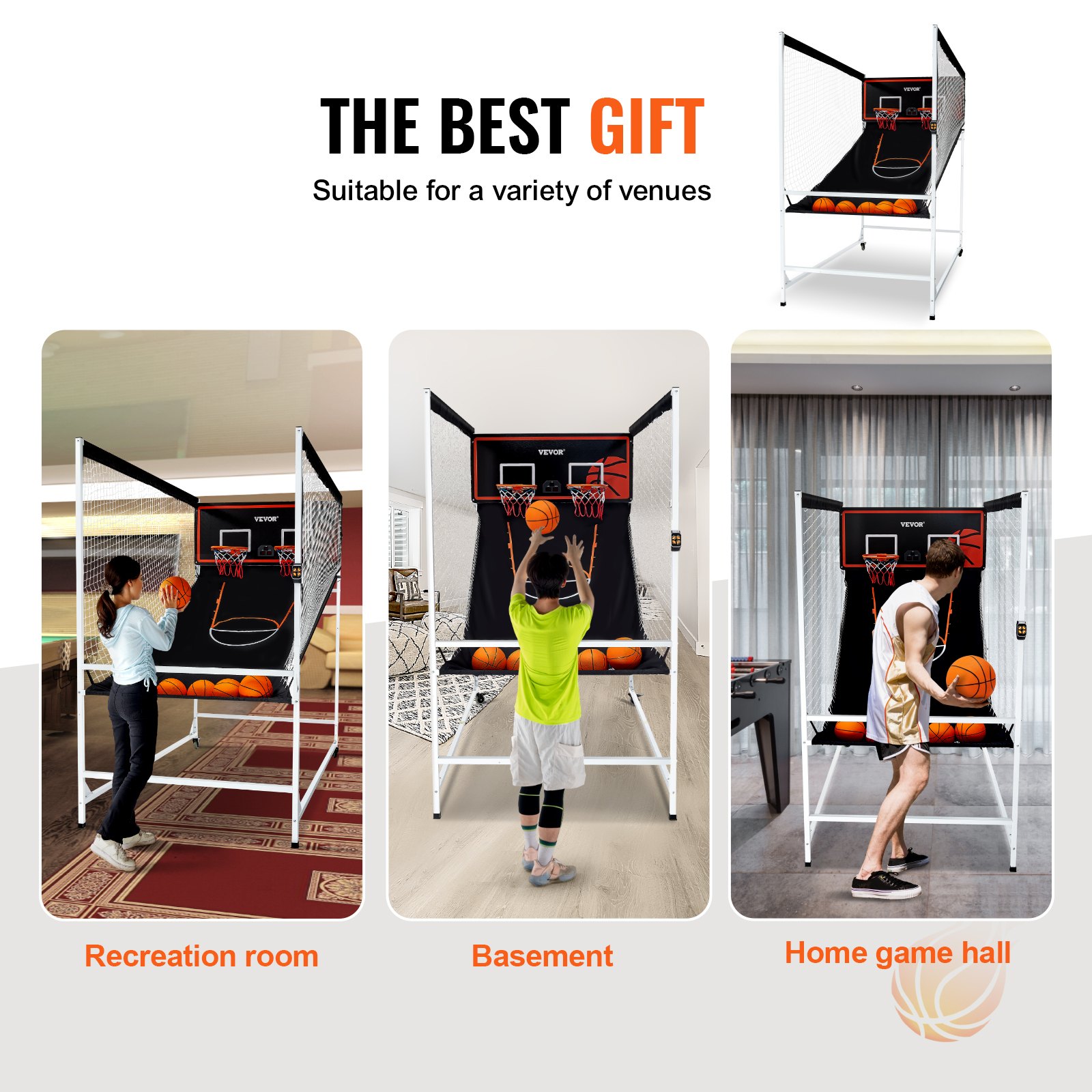 VEVOR Juego de Baloncesto Arcade Interior para 2 Jugadores, Deporte de Doble Tiro en Casa con 5 Bolas, 8 Modos de Juego, Marcador Electrónico y Bomba de Inflado, 2286 x 1219 x  2133 ± 50 mm, Negro