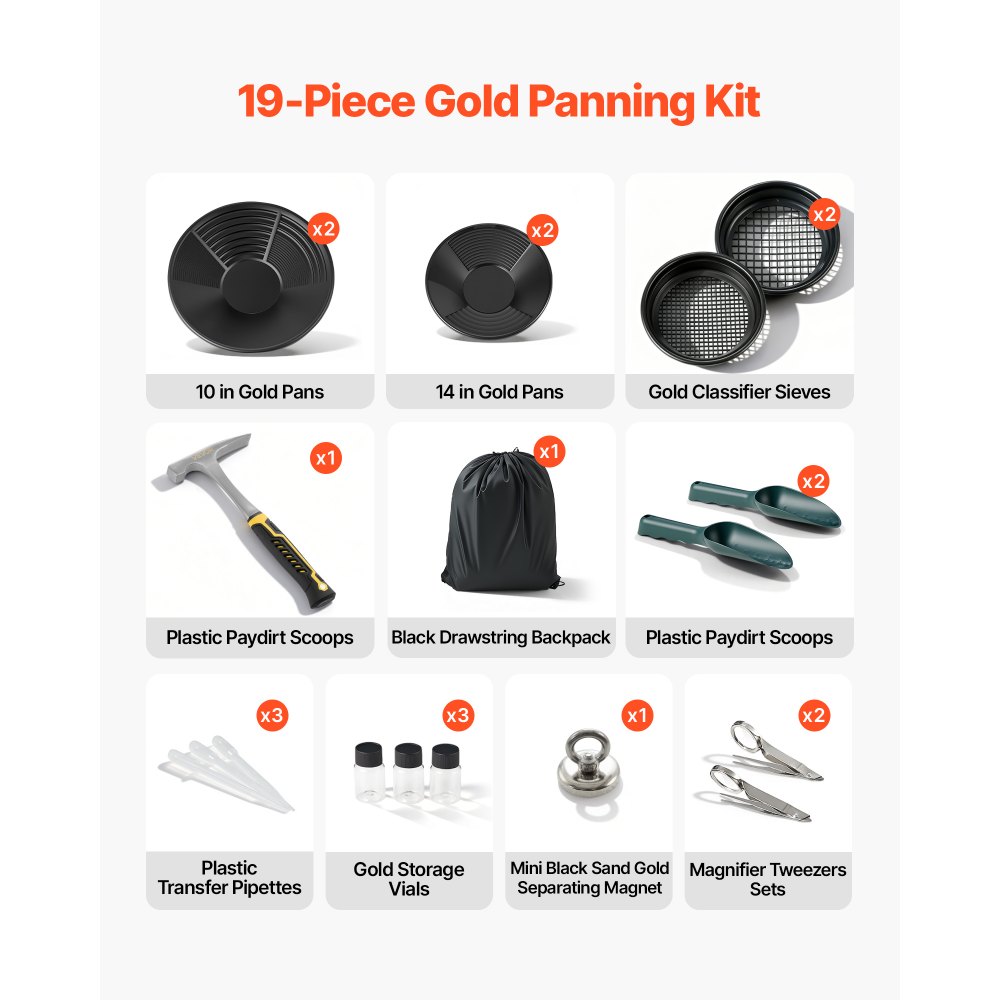 VEVOR Kit de Bateas para Buscar Oro, 19 Piezas, Juego de Bandejas de Lavado de Oro, 254 mm y 355 mm, Equipo Portátil de Prospección, Plástico, con Accesorios de Búsqueda Manual en Minería Ríos Arroyos