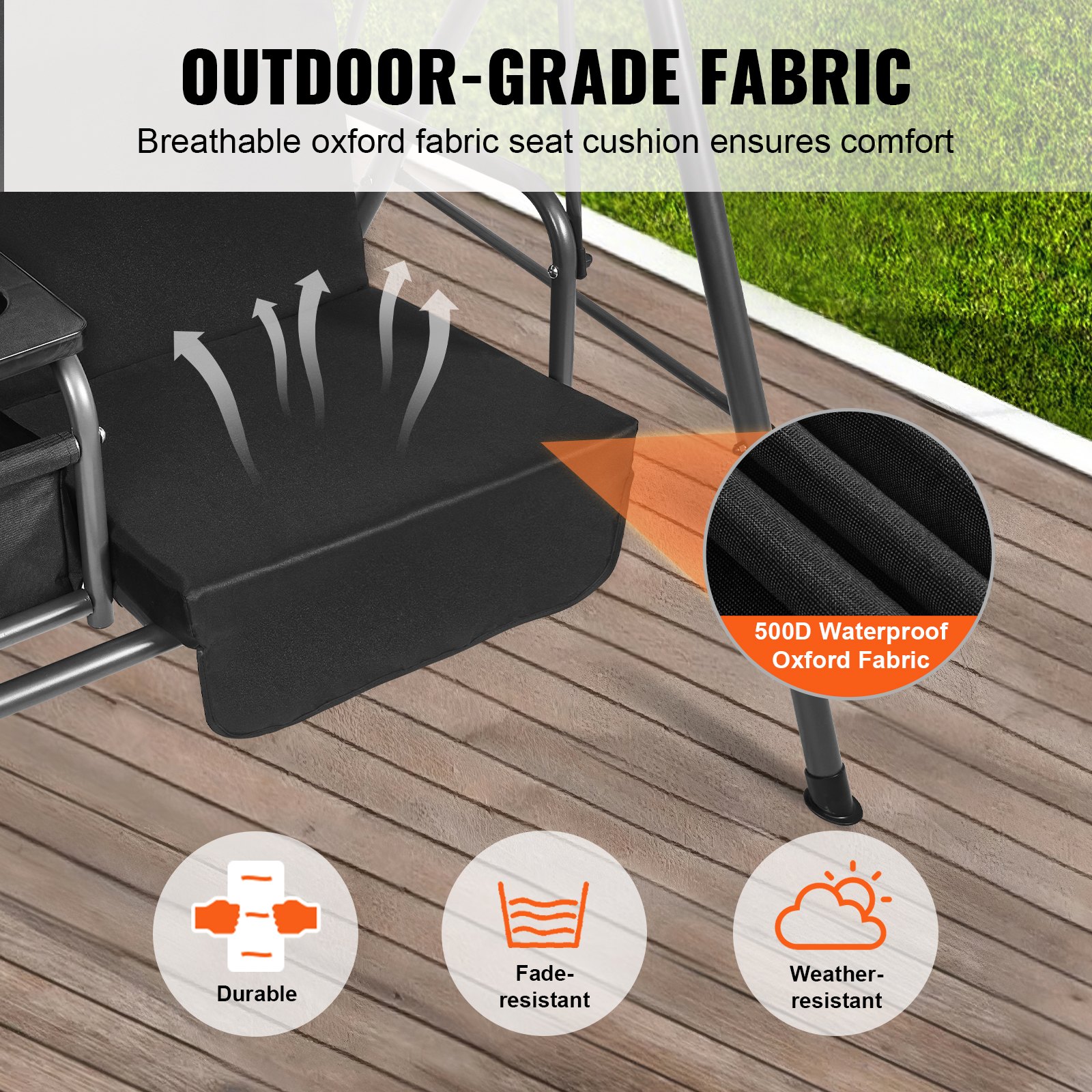 VEVOR 2-Seater Hollywood Swing Patio Swing with Adjustable Canopy, Storage Bag and Rotating Tray Oxford Fabric and Alloy Steel Frame for Balcony Backyard Black