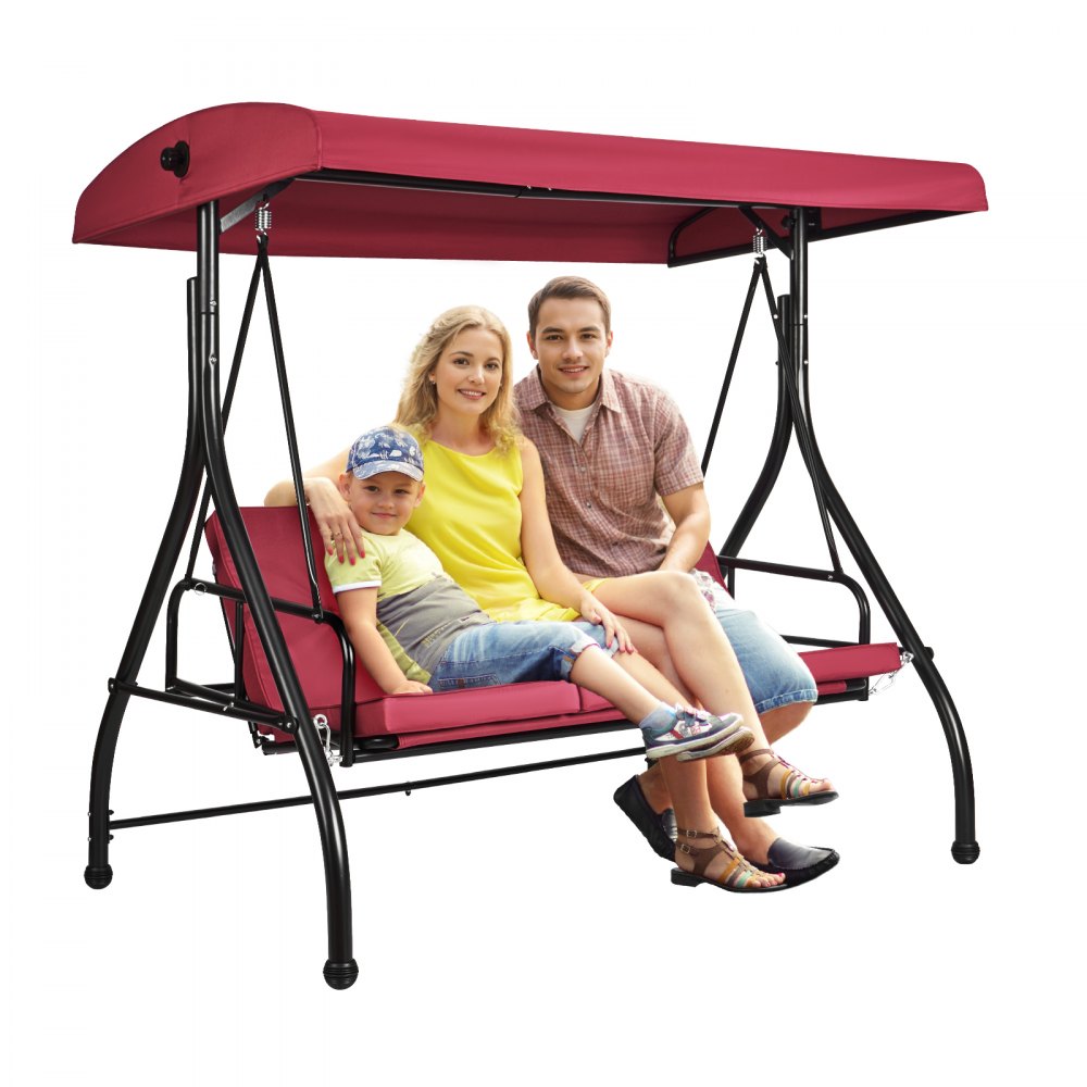 Familia disfrutando de estar al aire libre en una silla columpio de patio roja VEVOR con estructura de soporte de dosel.