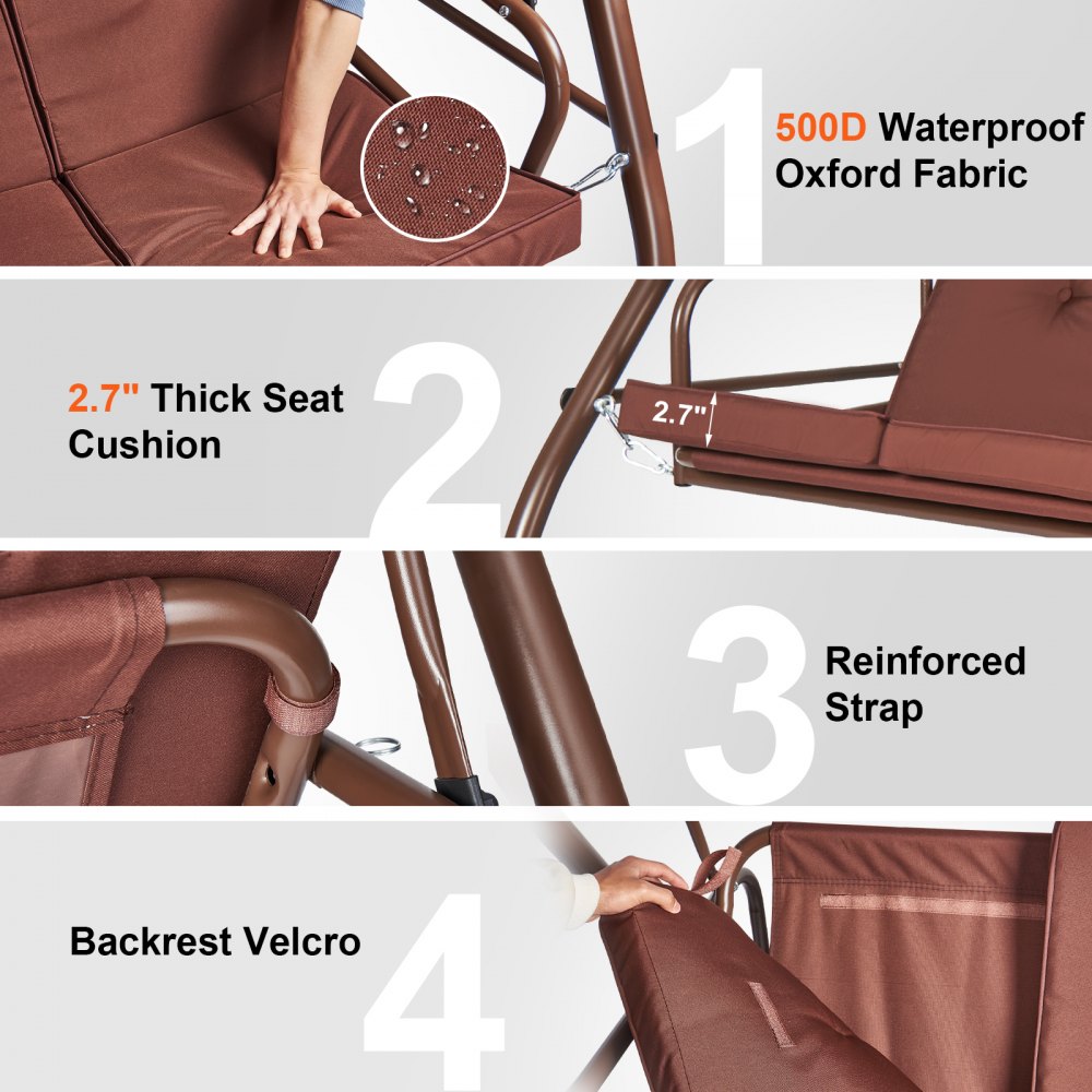 VEVOR 3-seater patio swing chair, Hollywood swing, patio veranda with adjustable canopy, removable cushion and alloy steel frame, for balcony, backyard, poolside, brown