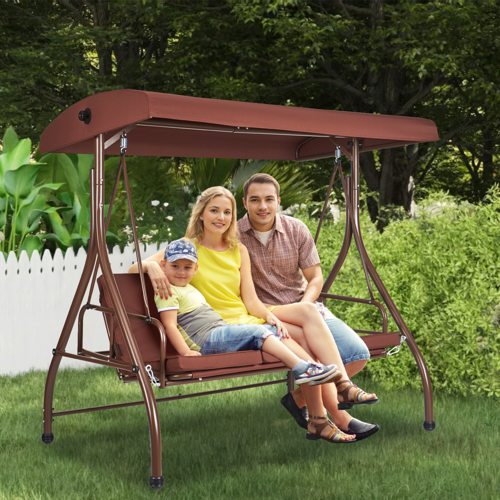 VEVOR 3-seater patio swing chair, Hollywood swing, patio veranda with adjustable canopy, removable cushion and alloy steel frame, for balcony, backyard, poolside, brown